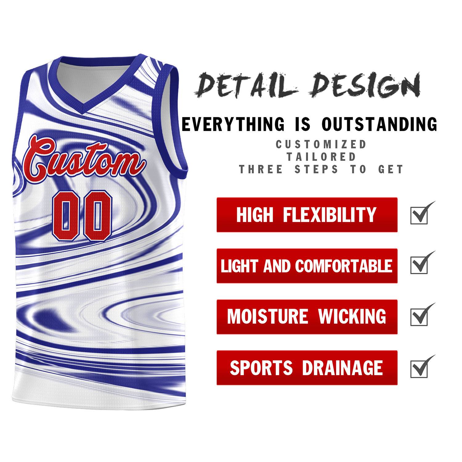Custom White Royal Graffiti Pattern Fluids Style Sports Uniform Basketball Jersey Sets