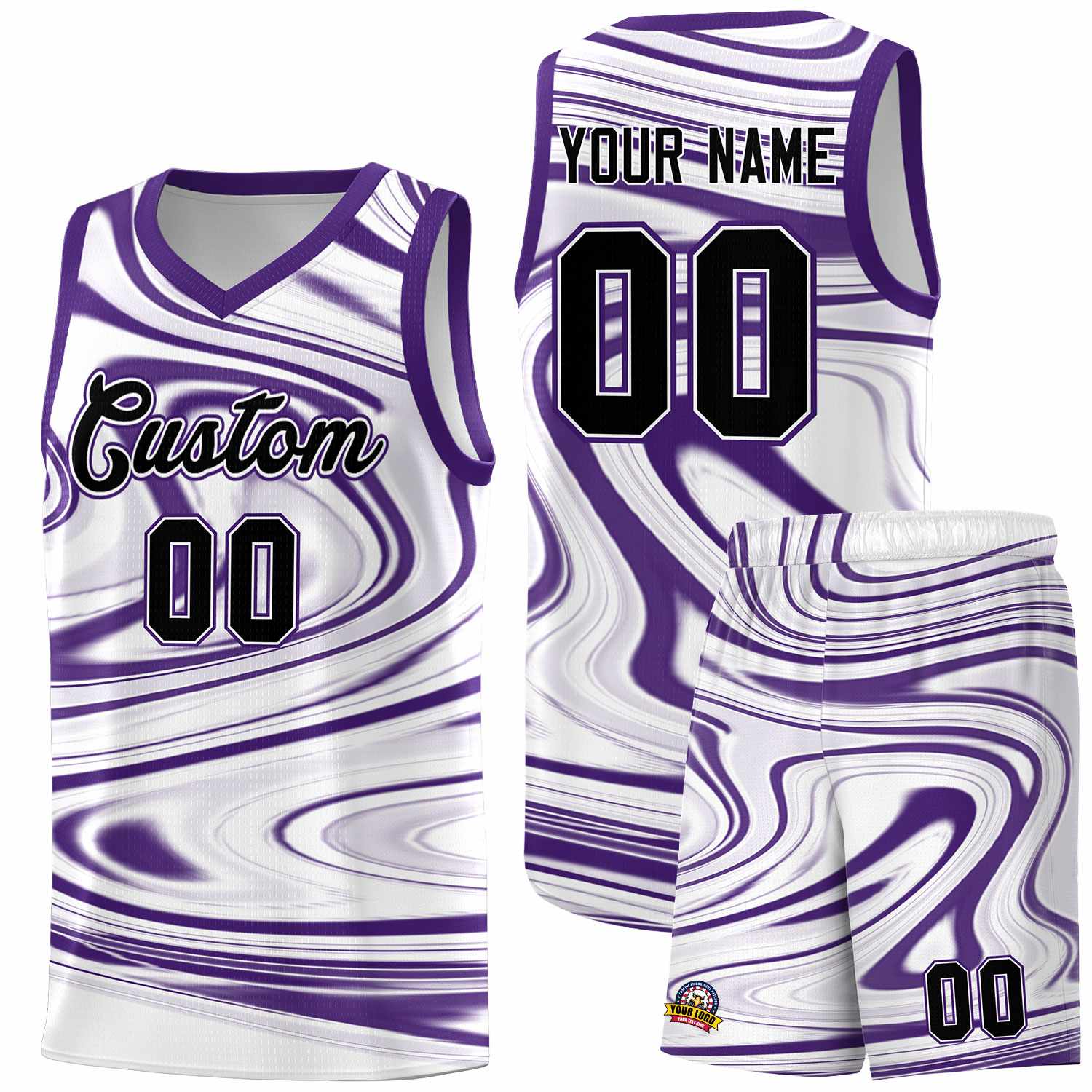 Custom White Purple Graffiti Pattern Fluids Style Sports Uniform Basketball Jersey Sets