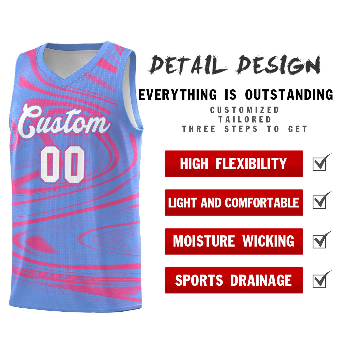 Custom Light Blue Pink Graffiti Pattern Fluids Style Sports Uniform Basketball Jersey Sets