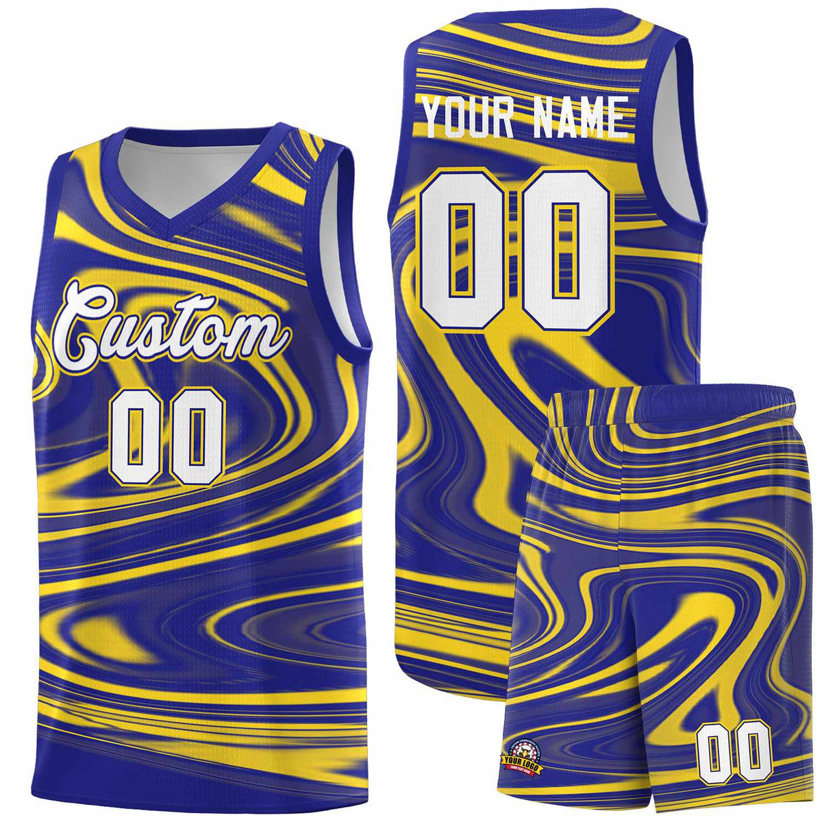 Custom Royal Gold Graffiti Pattern Fluids Style Sports Uniform Basketball Jersey Sets