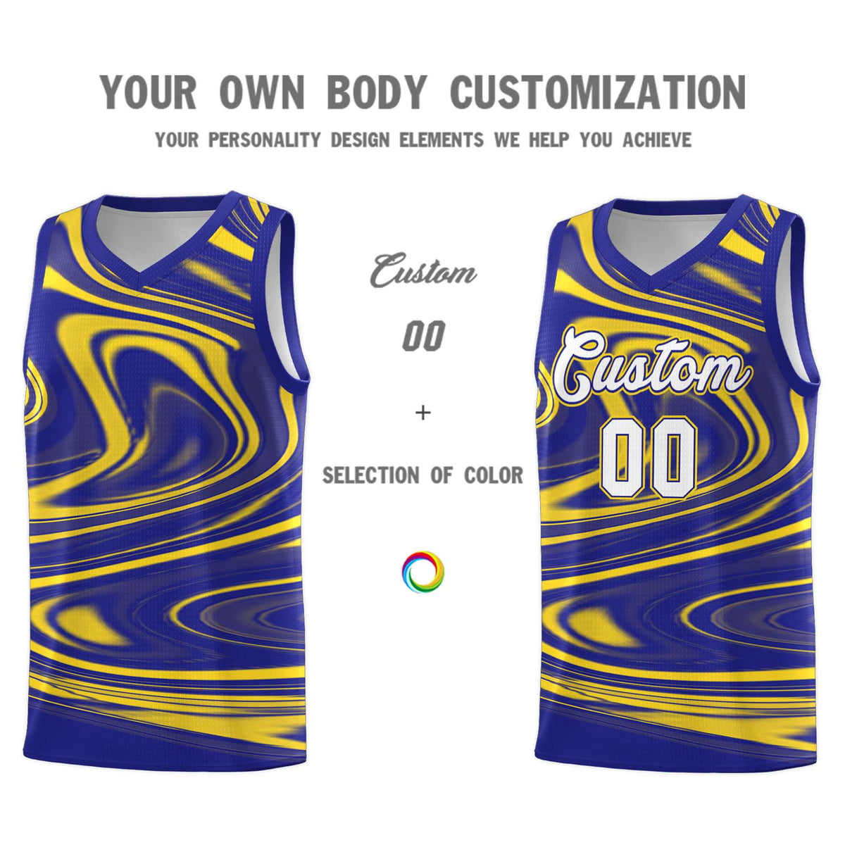 Custom Royal Gold Graffiti Pattern Fluids Style Sports Uniform Basketball Jersey Sets
