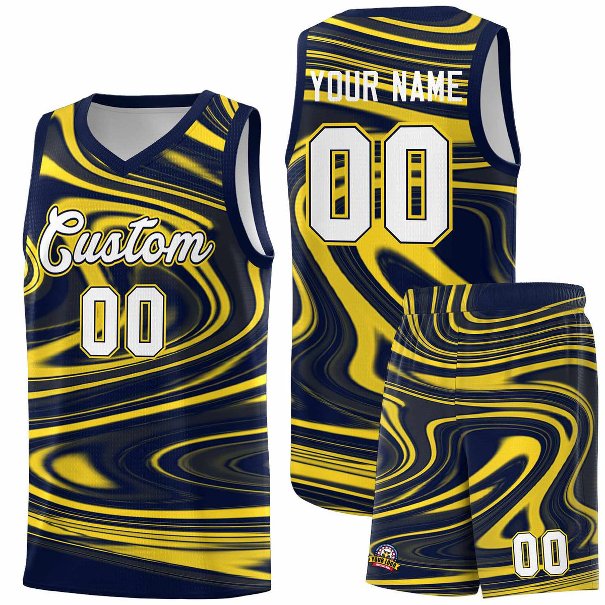 Custom Navy Gold Graffiti Pattern Fluids Style Sports Uniform Basketball Jersey Sets