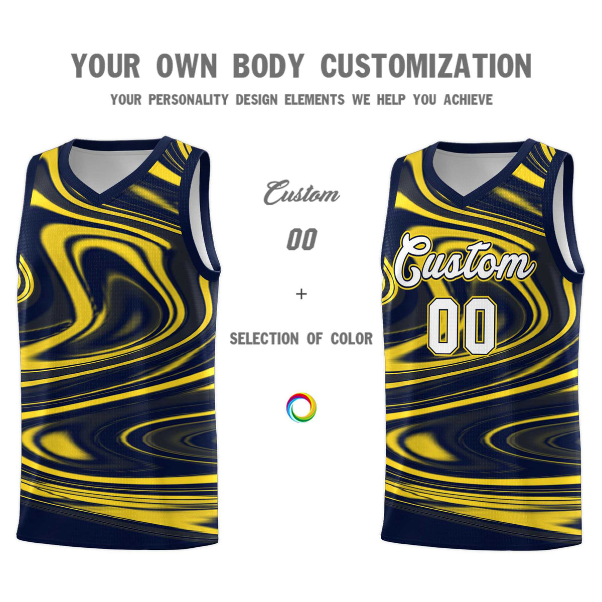 Custom Navy Gold Graffiti Pattern Fluids Style Sports Uniform Basketball Jersey Sets