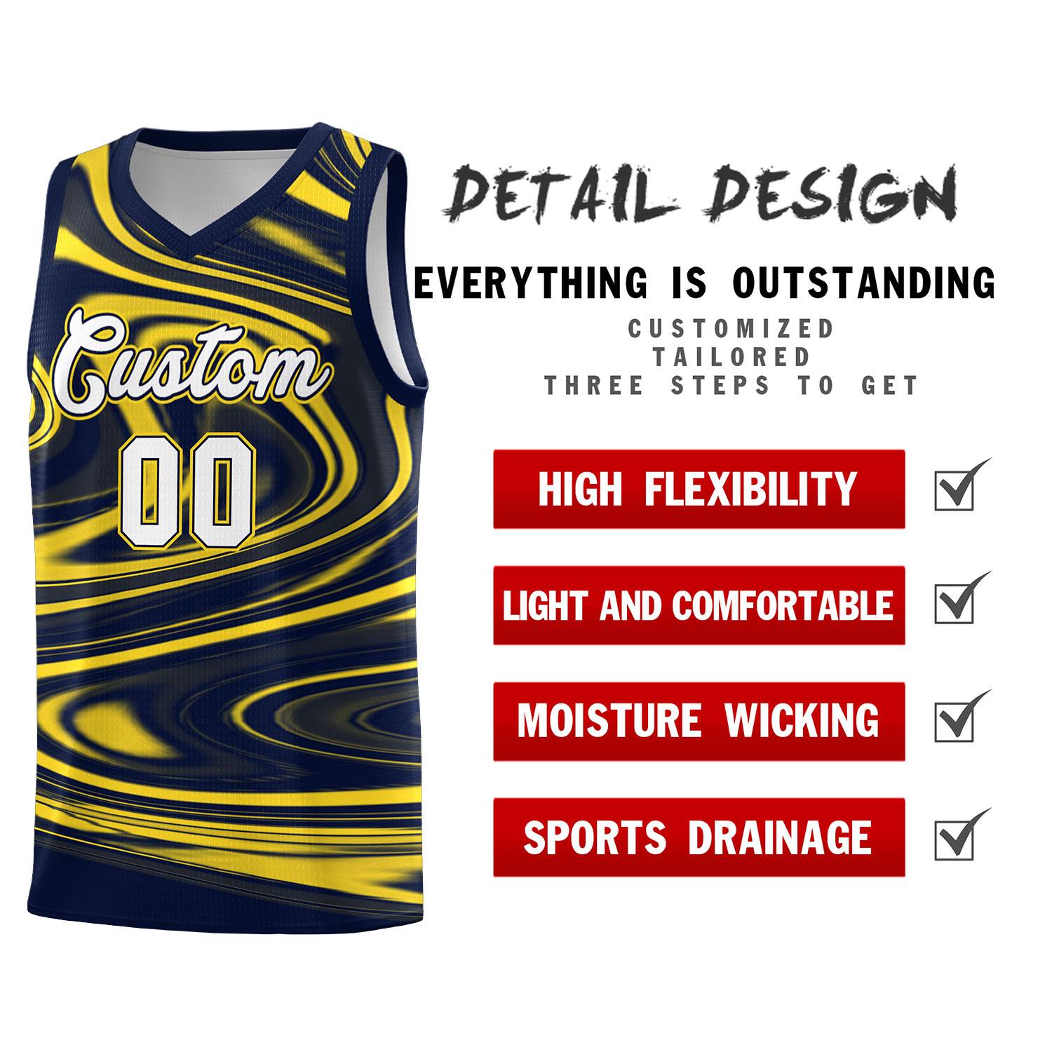 Custom Navy Gold Graffiti Pattern Fluids Style Sports Uniform Basketball Jersey Sets