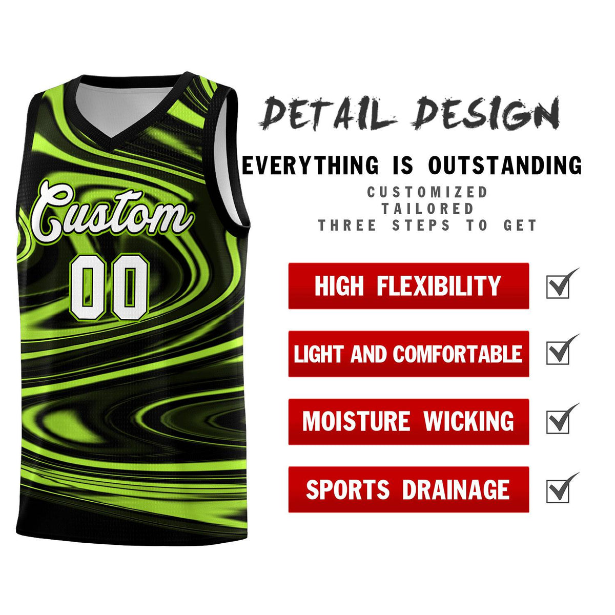 Custom Black Light Green Graffiti Pattern Fluids Style Sports Uniform Basketball Jersey Sets