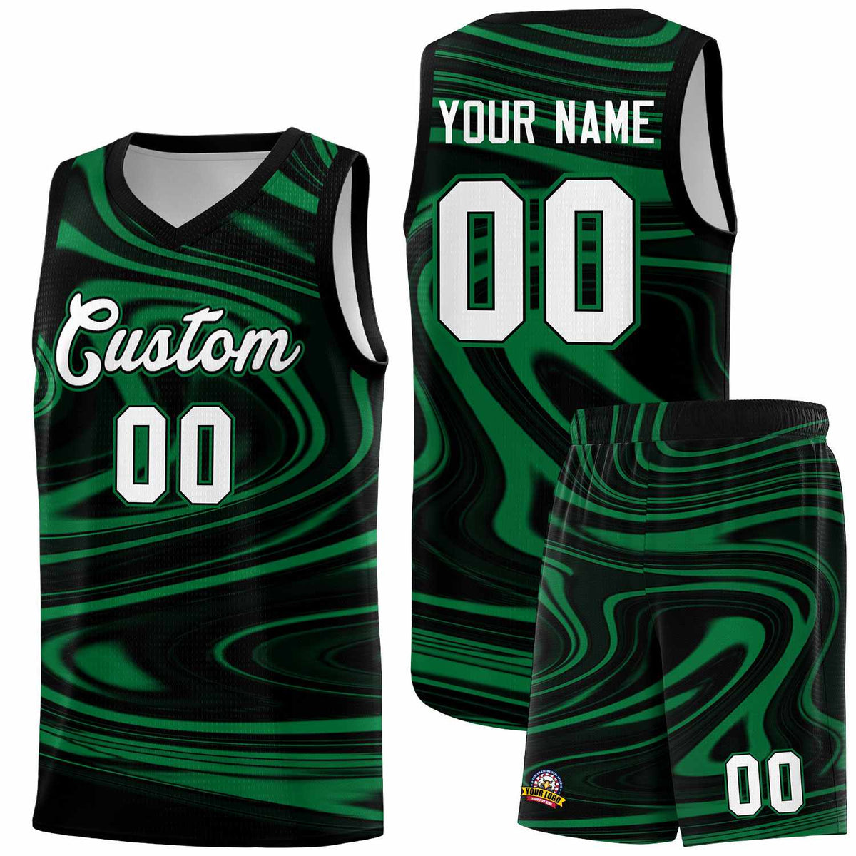 Custom Black Kelly Green Graffiti Pattern Fluids Style Sports Uniform Basketball Jersey Sets