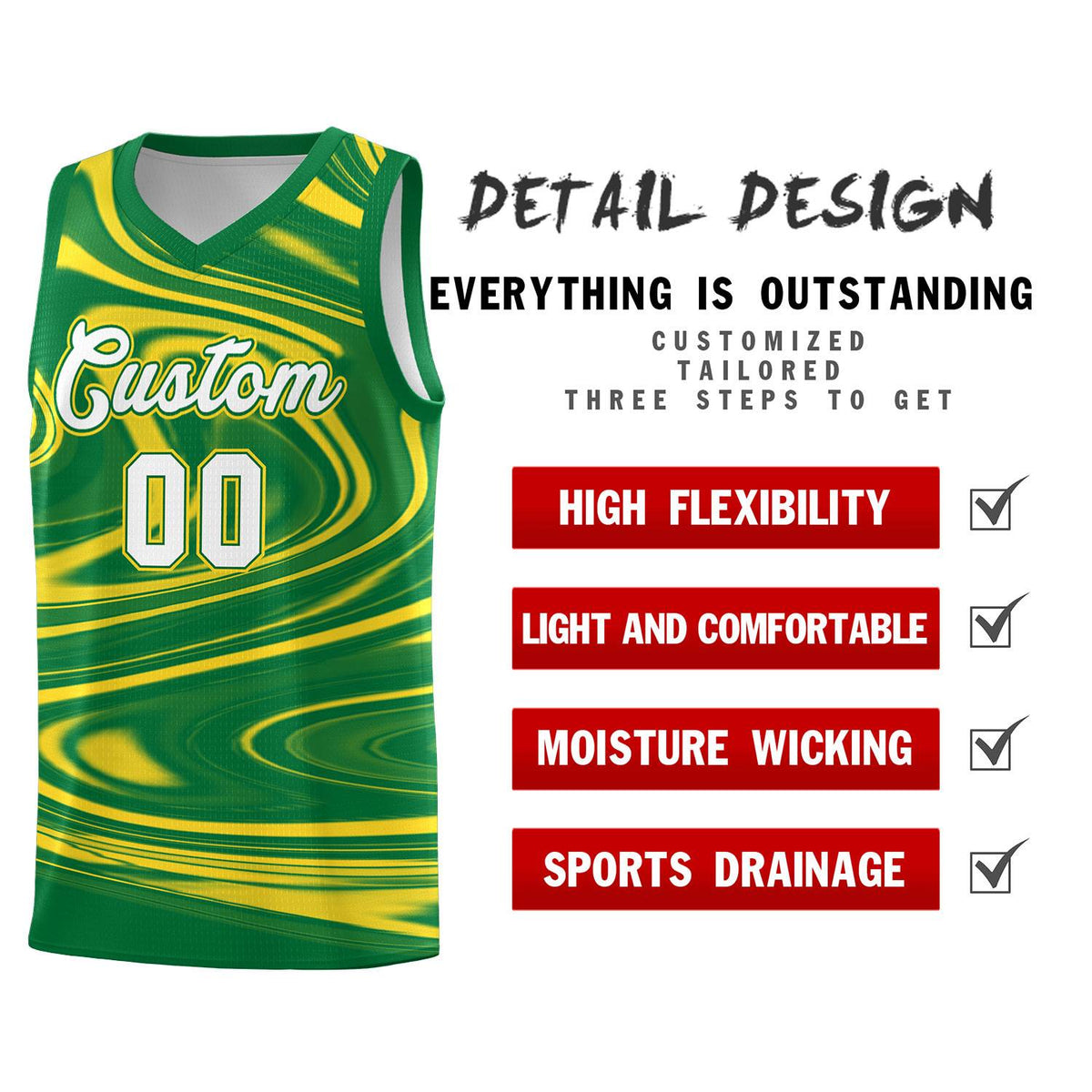 Custom Kelly Green Gold Graffiti Pattern Fluids Style Sports Uniform Basketball Jersey Sets