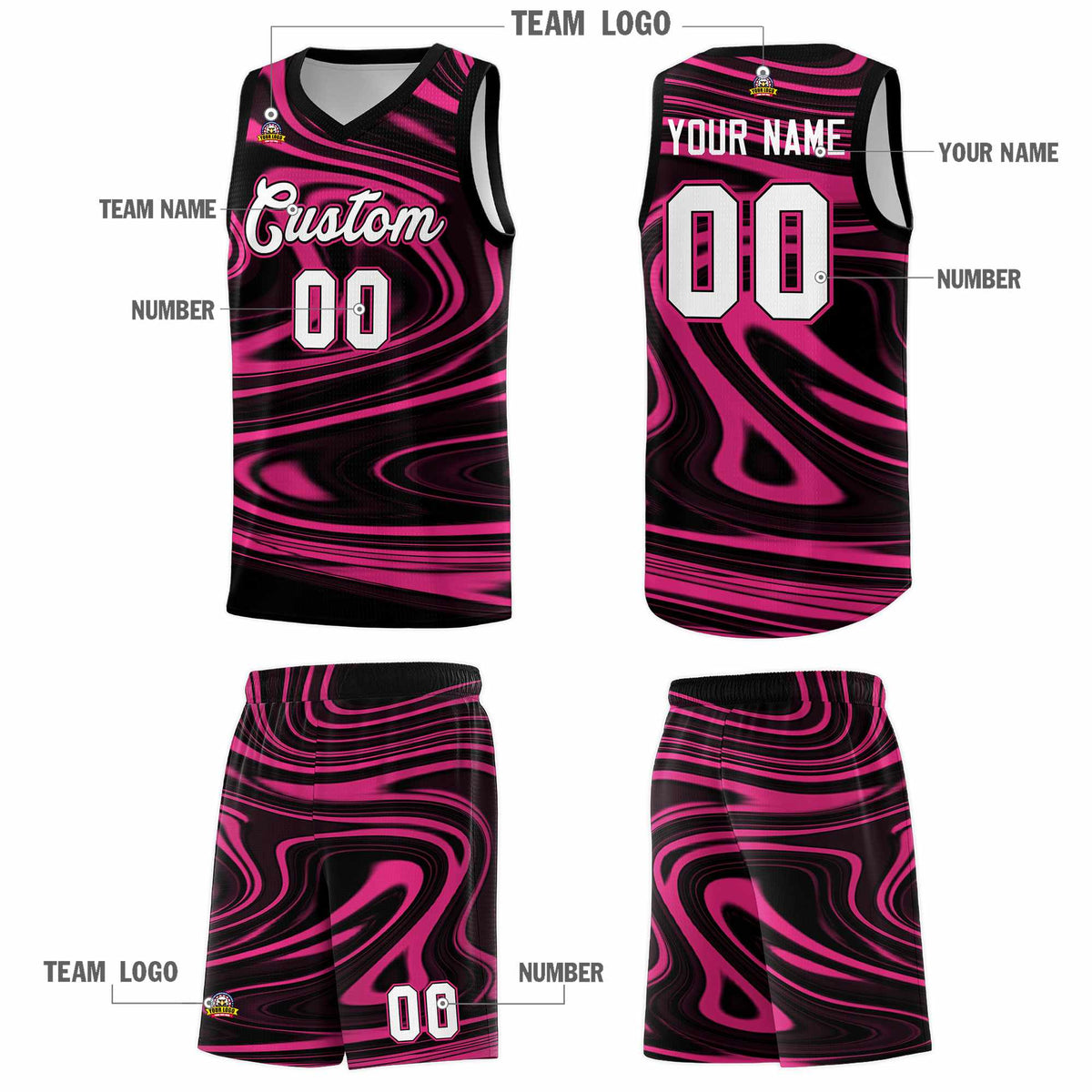 Custom Black Pink Graffiti Pattern Fluids Style Sports Uniform Basketball Jersey Sets
