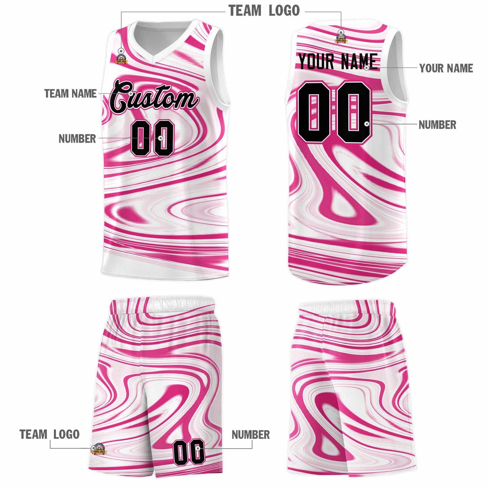Custom White Pink Graffiti Pattern Fluids Style Sports Uniform Basketball Jersey Sets