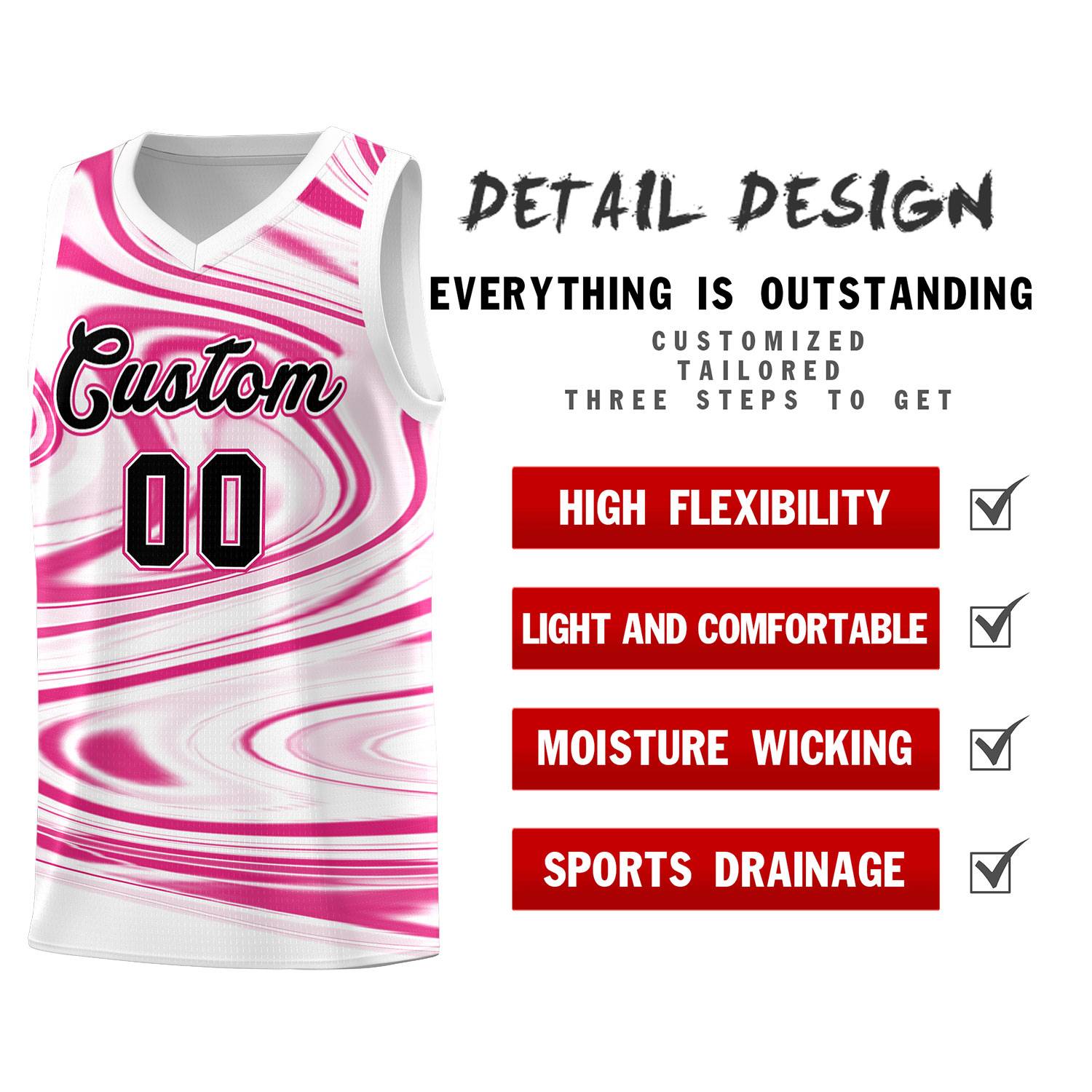 Custom White Pink Graffiti Pattern Fluids Style Sports Uniform Basketball Jersey Sets