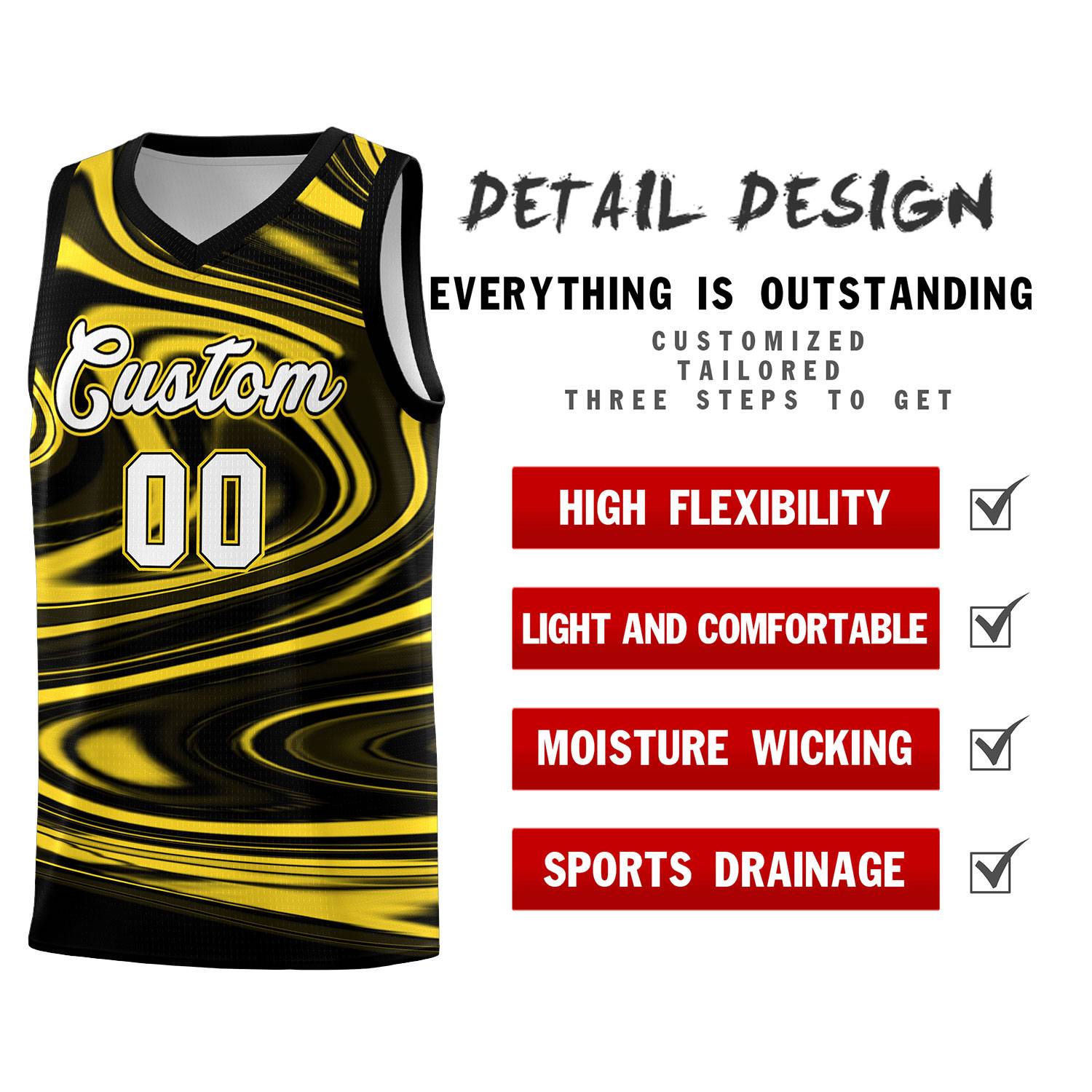 Custom Black Gold Graffiti Pattern Fluids Style Sports Uniform Basketball Jersey Sets