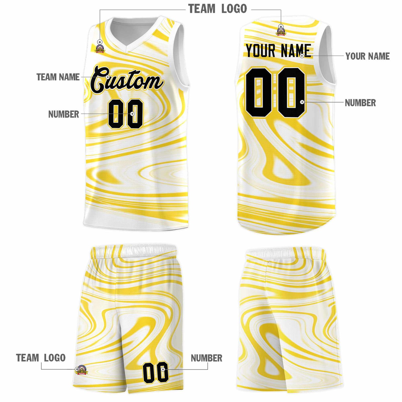 Custom White Gold Graffiti Pattern Fluids Style Sports Uniform Basketball Jersey Sets