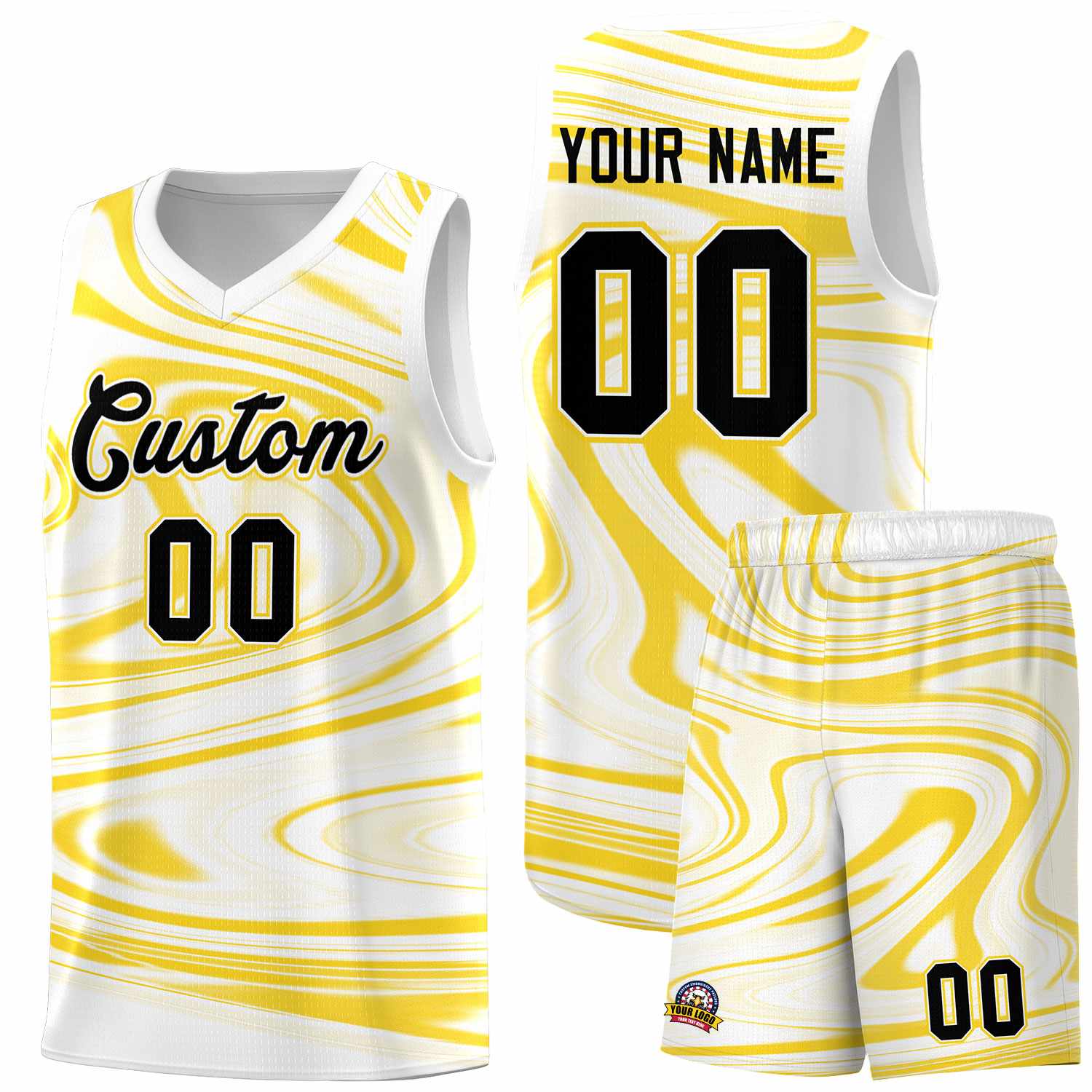 Custom White Gold Graffiti Pattern Fluids Style Sports Uniform Basketball Jersey Sets