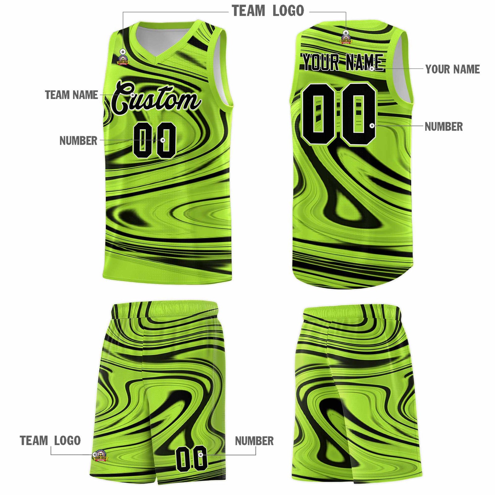 Custom Light Green Black Graffiti Pattern Fluids Style Sports Uniform Basketball Jersey Sets