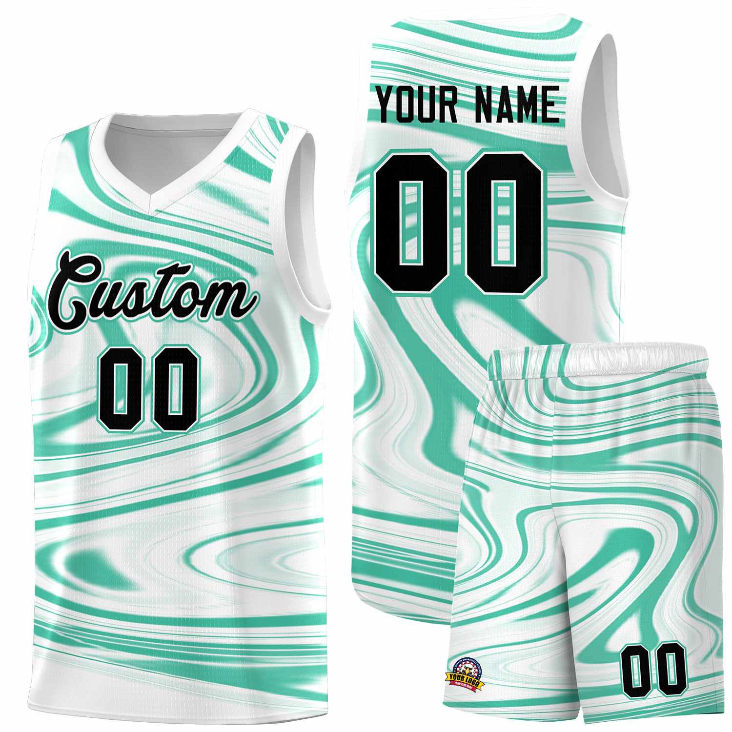 Custom White Bright Green Graffiti Pattern Fluids Style Sports Uniform Basketball Jersey Sets