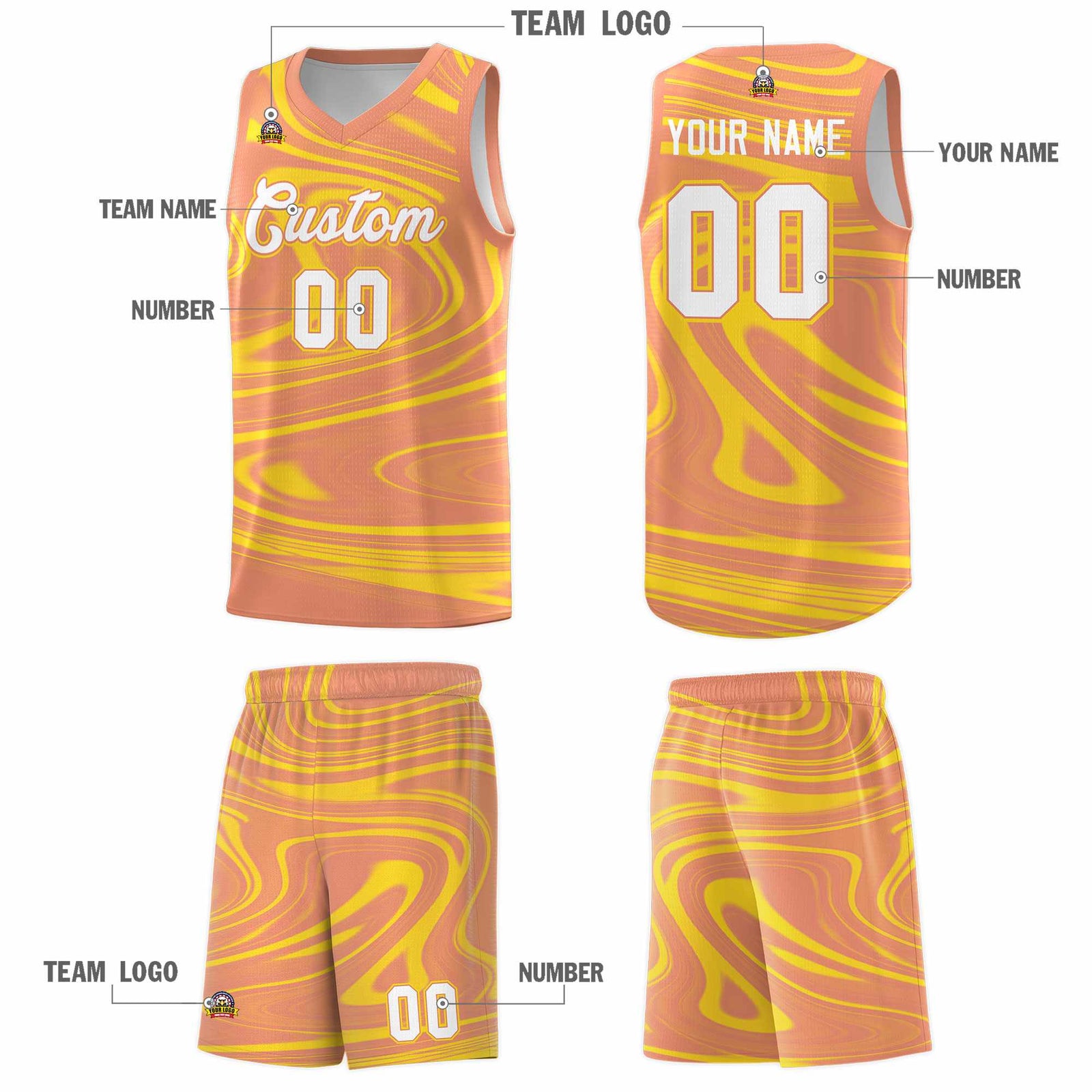 Custom Light Orange Gold Graffiti Pattern Fluids Style Sports Uniform Basketball Jersey Sets