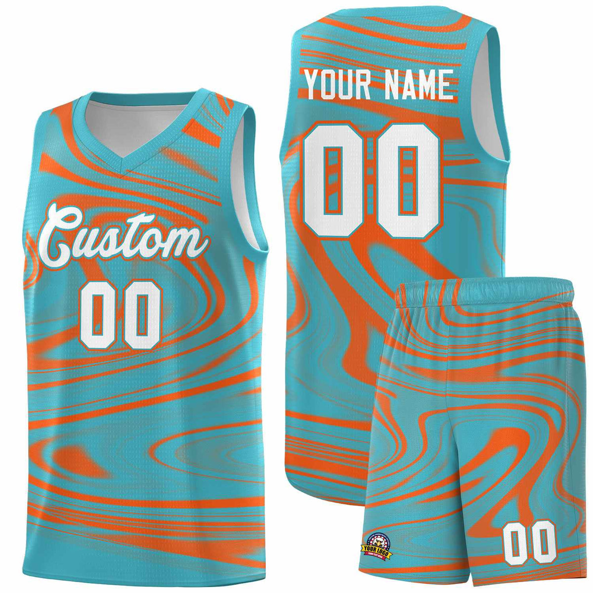 Custom Aqua Orange Graffiti Pattern Fluids Style Sports Uniform Basketball Jersey Sets