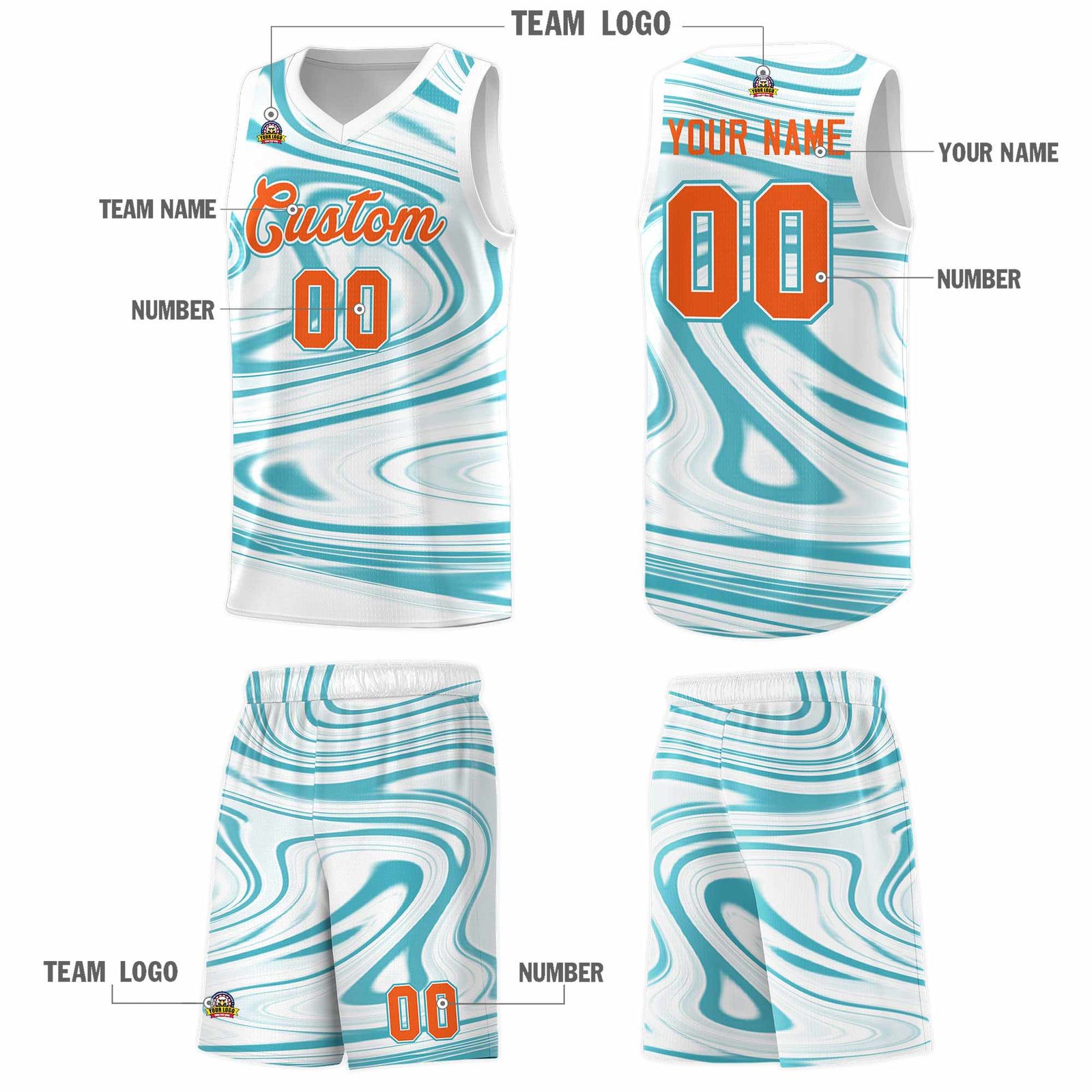Custom White Aqua Graffiti Pattern Fluids Style Sports Uniform Basketball Jersey Sets
