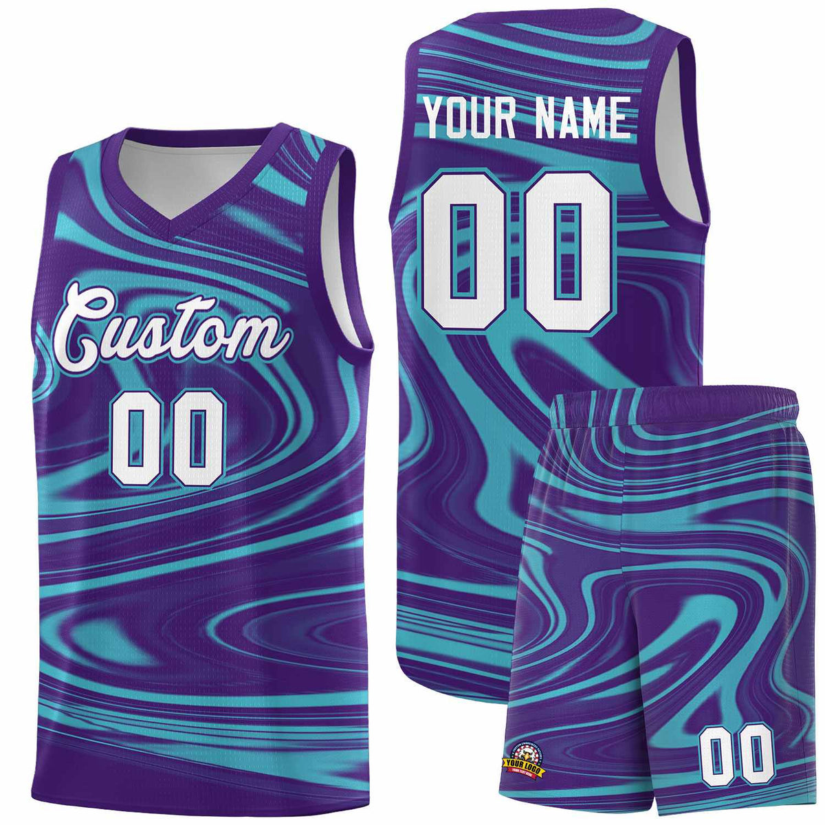 Custom Purple Aqua Graffiti Pattern Fluids Style Sports Uniform Basketball Jersey Sets