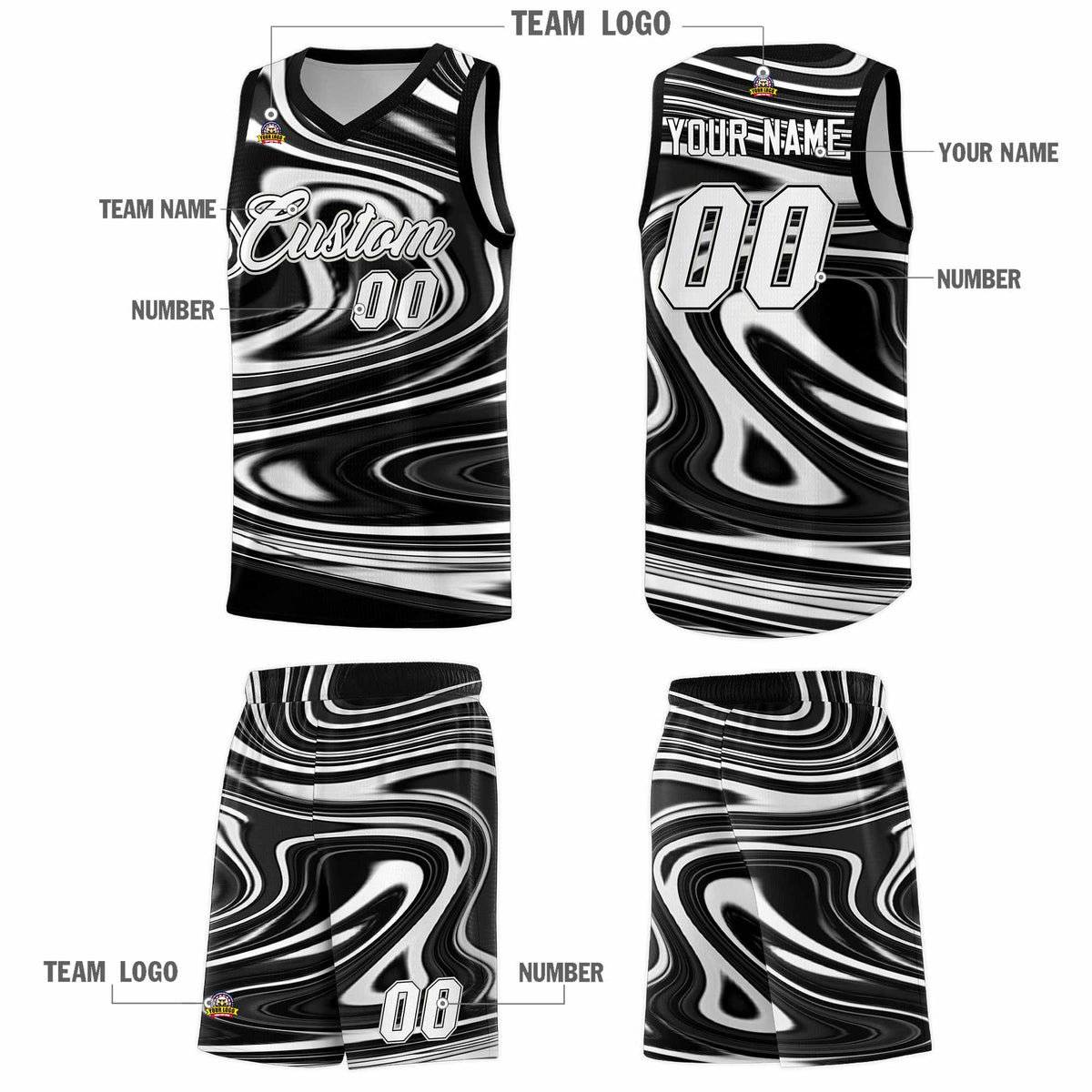Custom Black White Graffiti Pattern Fluids Style Sports Uniform Basketball Jersey Sets