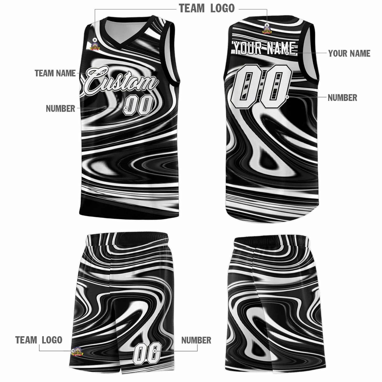 Custom Black White Graffiti Pattern Fluids Style Sports Uniform Basketball Jersey Sets