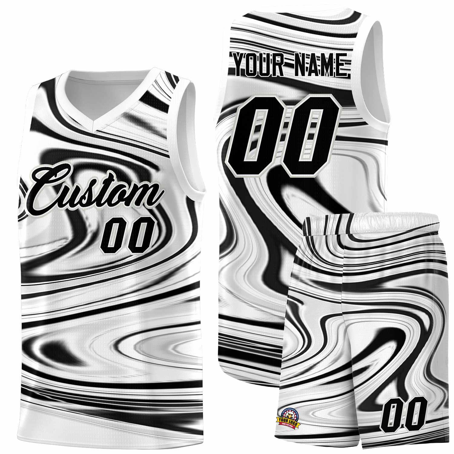 Custom White Black Graffiti Pattern Fluids Style Sports Uniform Basketball Jersey Sets