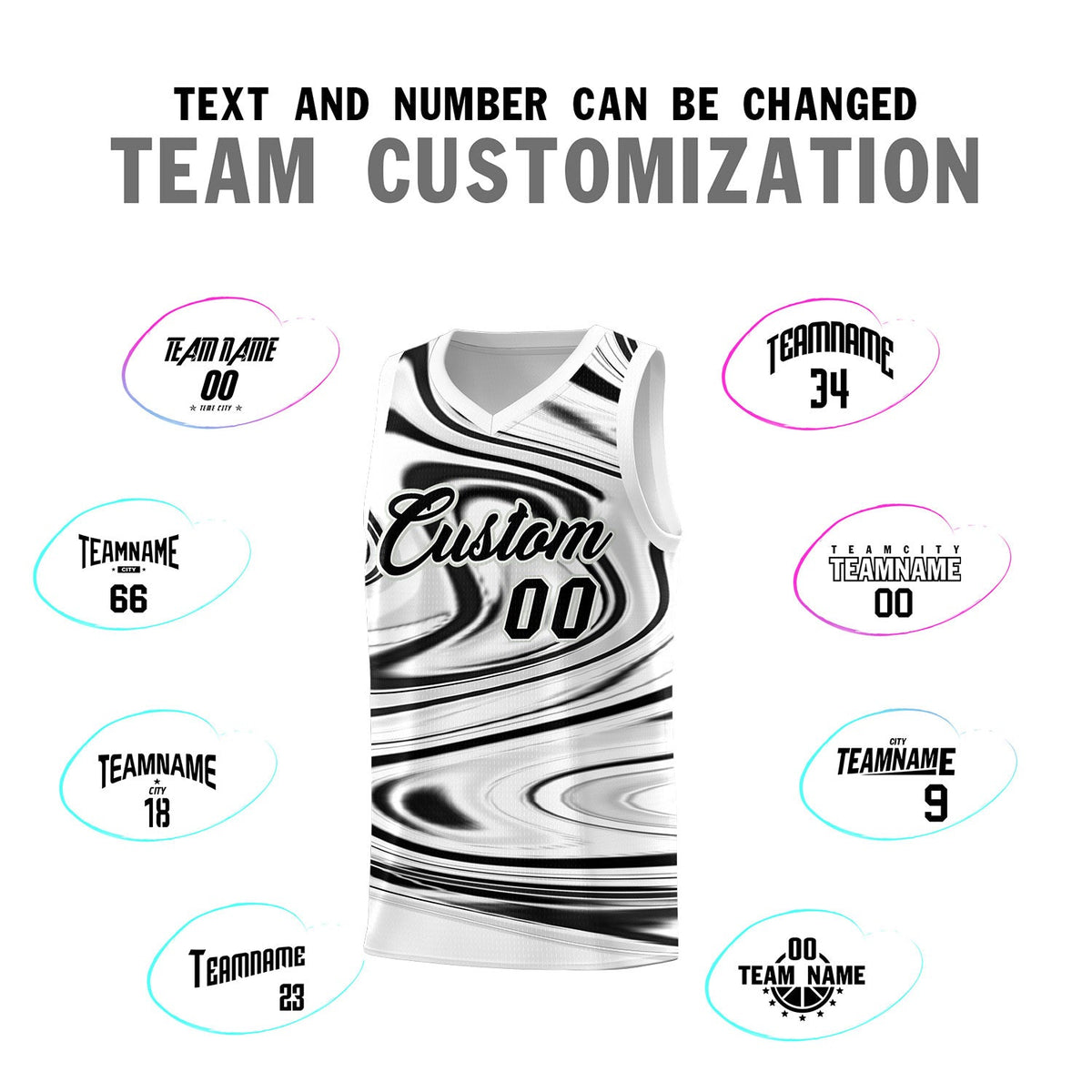 Custom White Black Graffiti Pattern Fluids Style Sports Uniform Basketball Jersey Sets