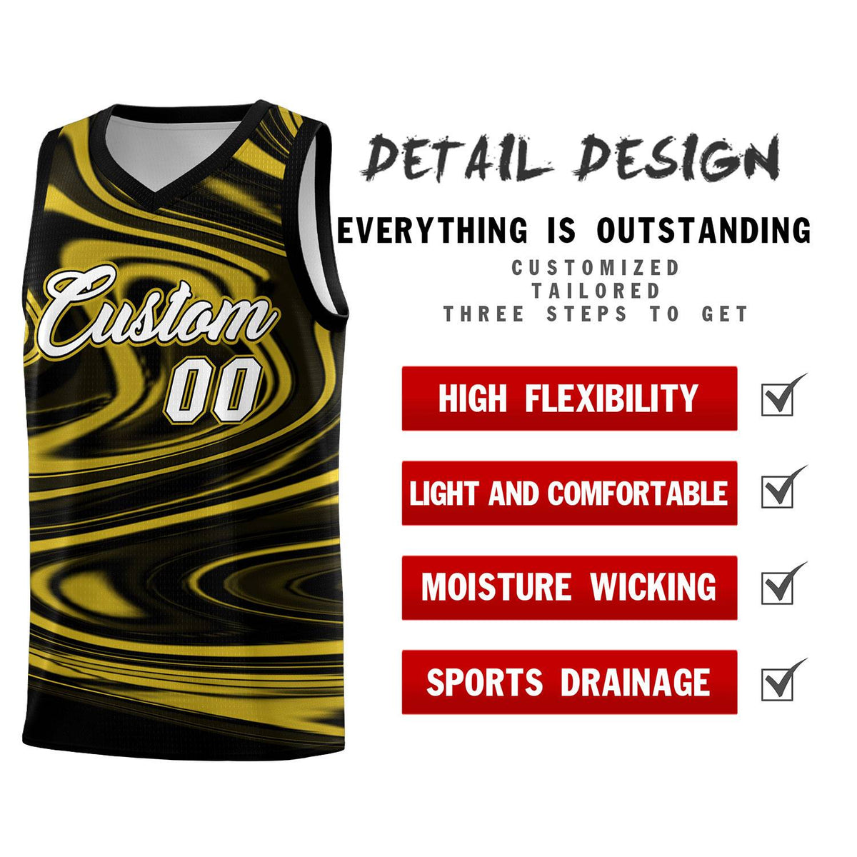 Custom Black Old Gold Graffiti Pattern Fluids Style Sports Uniform Basketball Jersey Sets