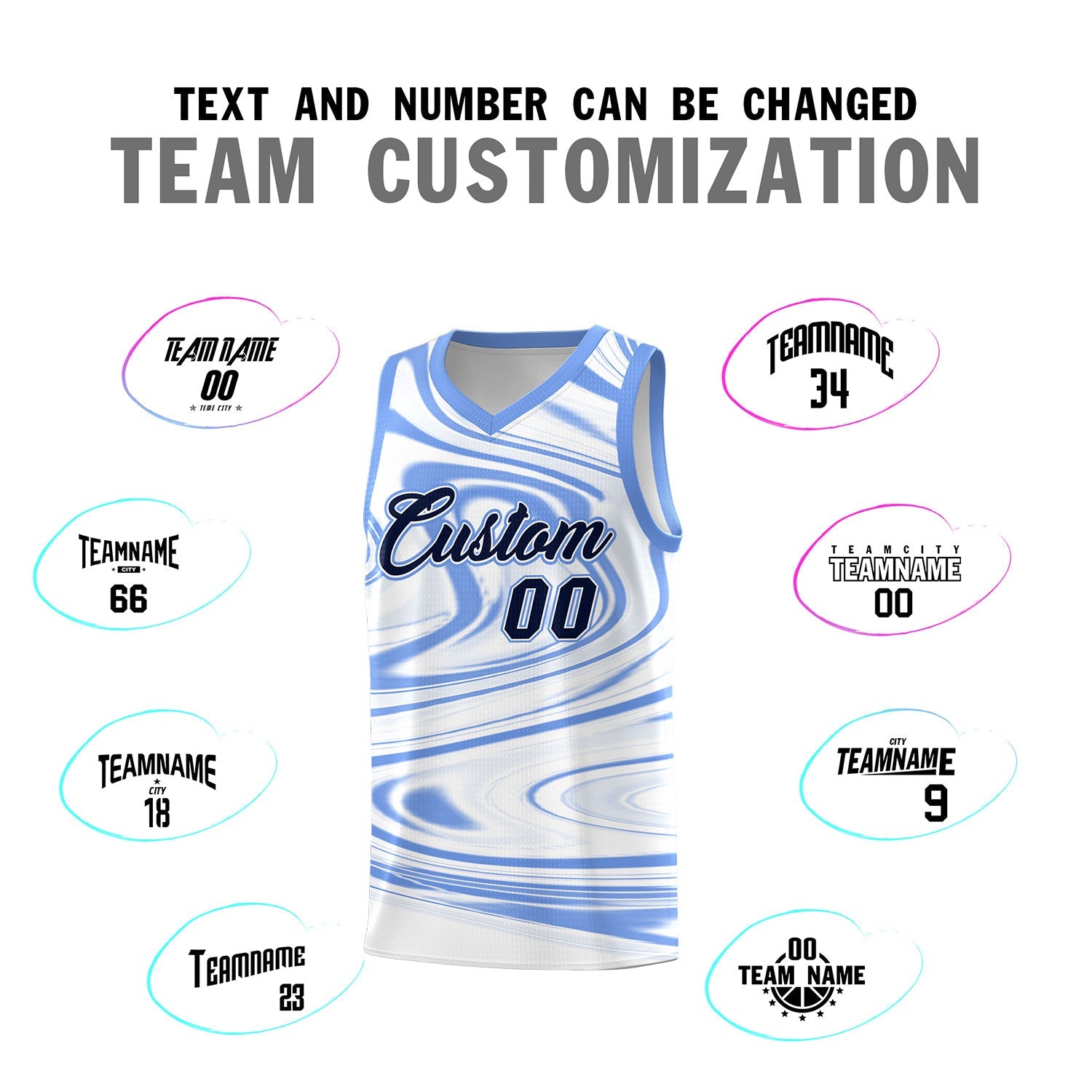 Custom White Light Blue Graffiti Pattern Fluids Style Sports Uniform Basketball Jersey Sets