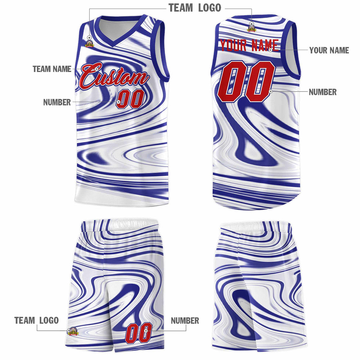 Custom White Royal Graffiti Pattern Fluids Style Sports Uniform Basketball Jersey Sets