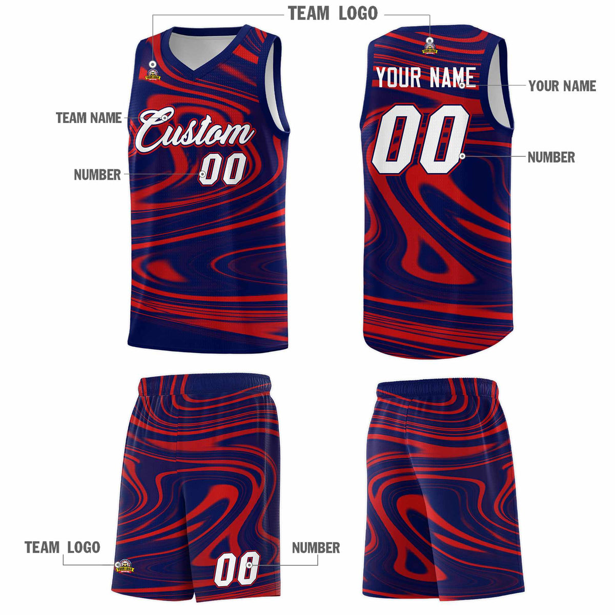Custom Navy Red Graffiti Pattern Fluids Style Sports Uniform Basketball Jersey Sets