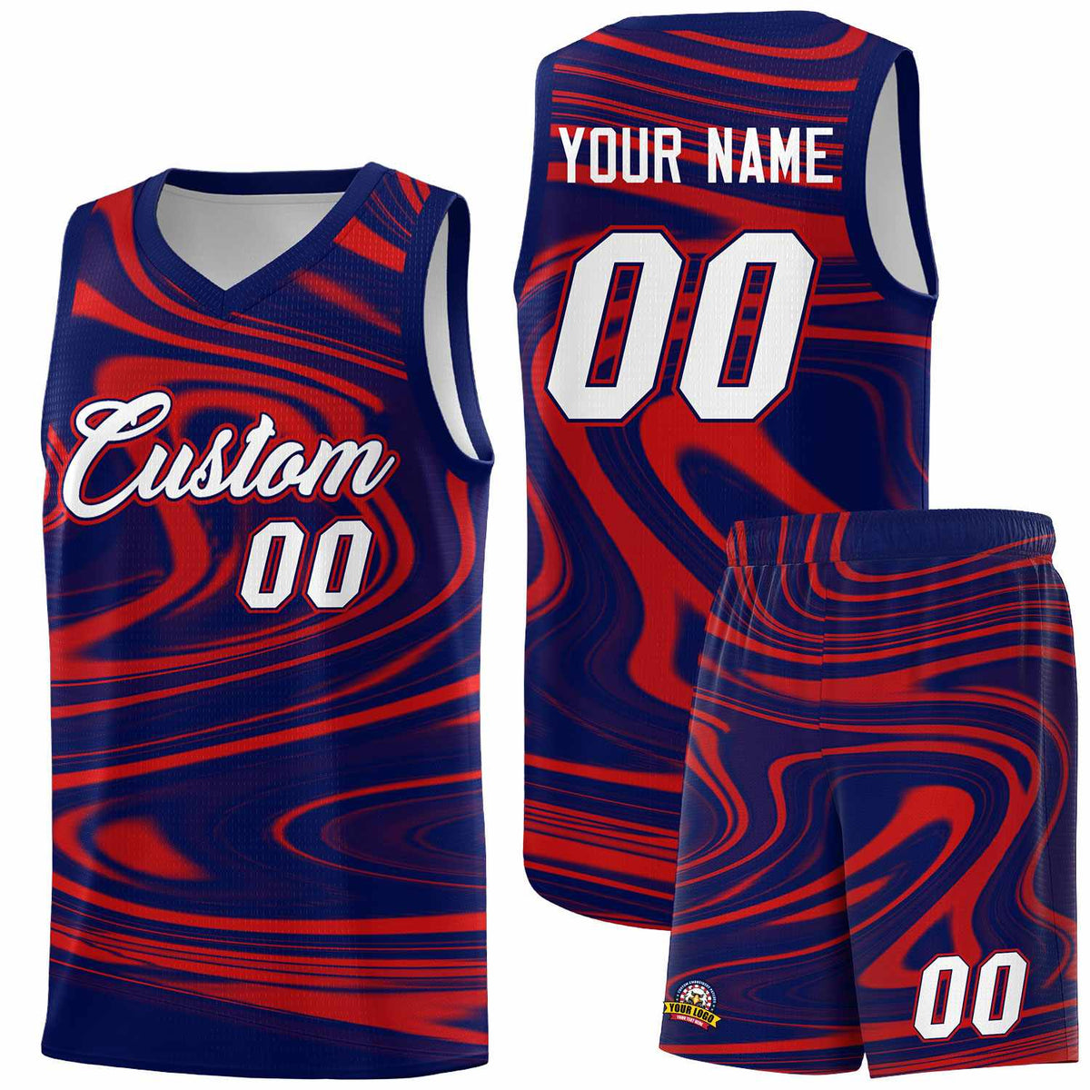 Custom Navy Red Graffiti Pattern Fluids Style Sports Uniform Basketball Jersey Sets