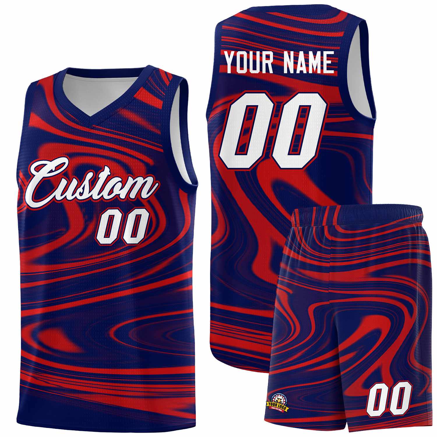 Custom Navy Red Graffiti Pattern Fluids Style Sports Uniform Basketball Jersey Sets