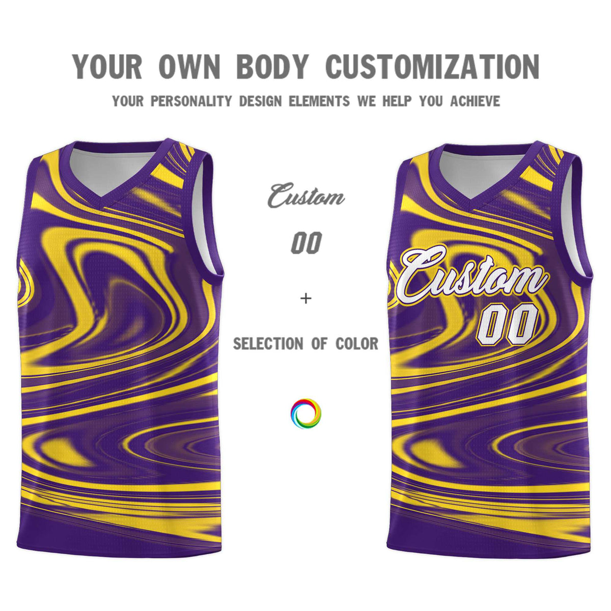 Custom Purple Gold Graffiti Pattern Fluids Style Sports Uniform Basketball Jersey Sets