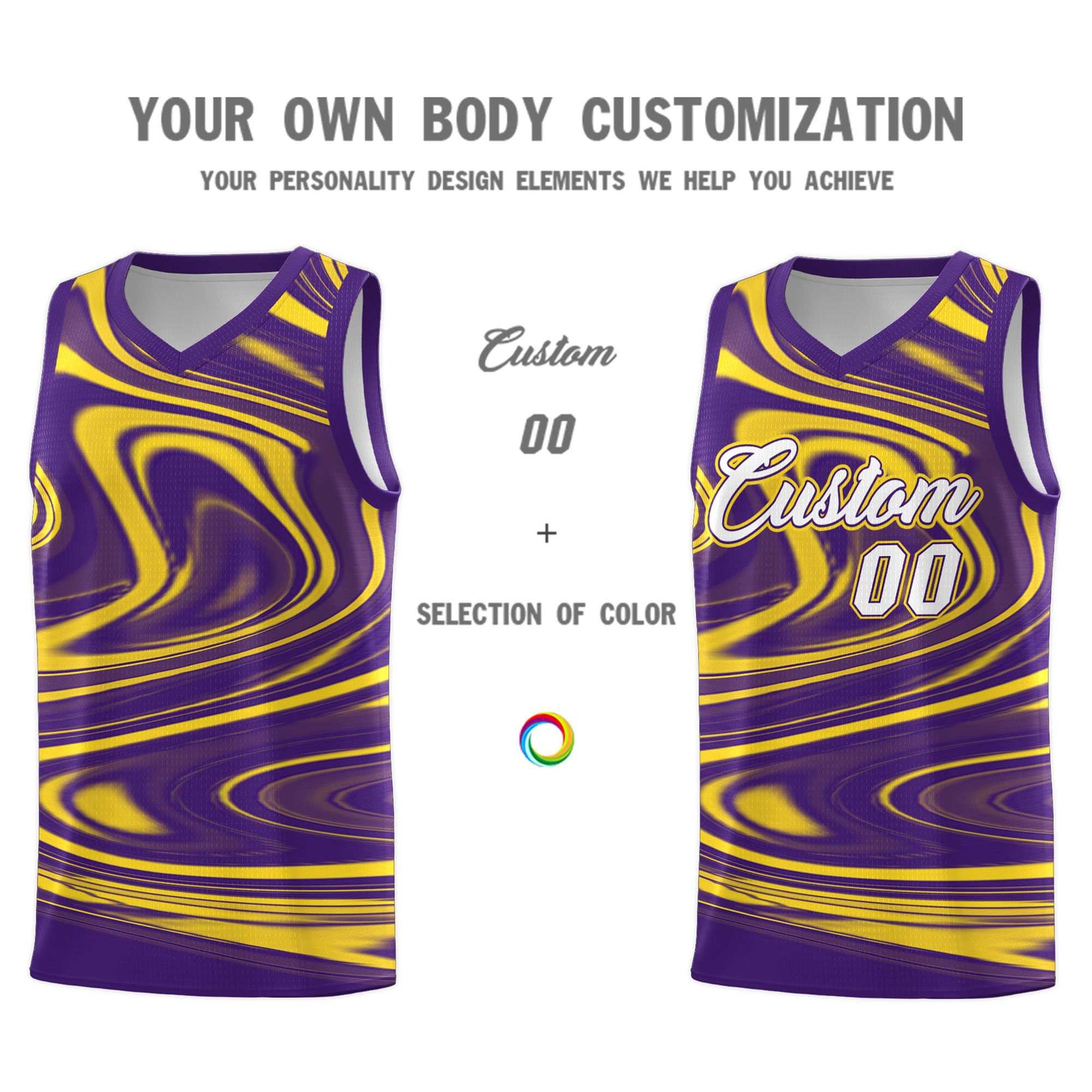 Custom Purple Gold Graffiti Pattern Fluids Style Sports Uniform Basketball Jersey Sets