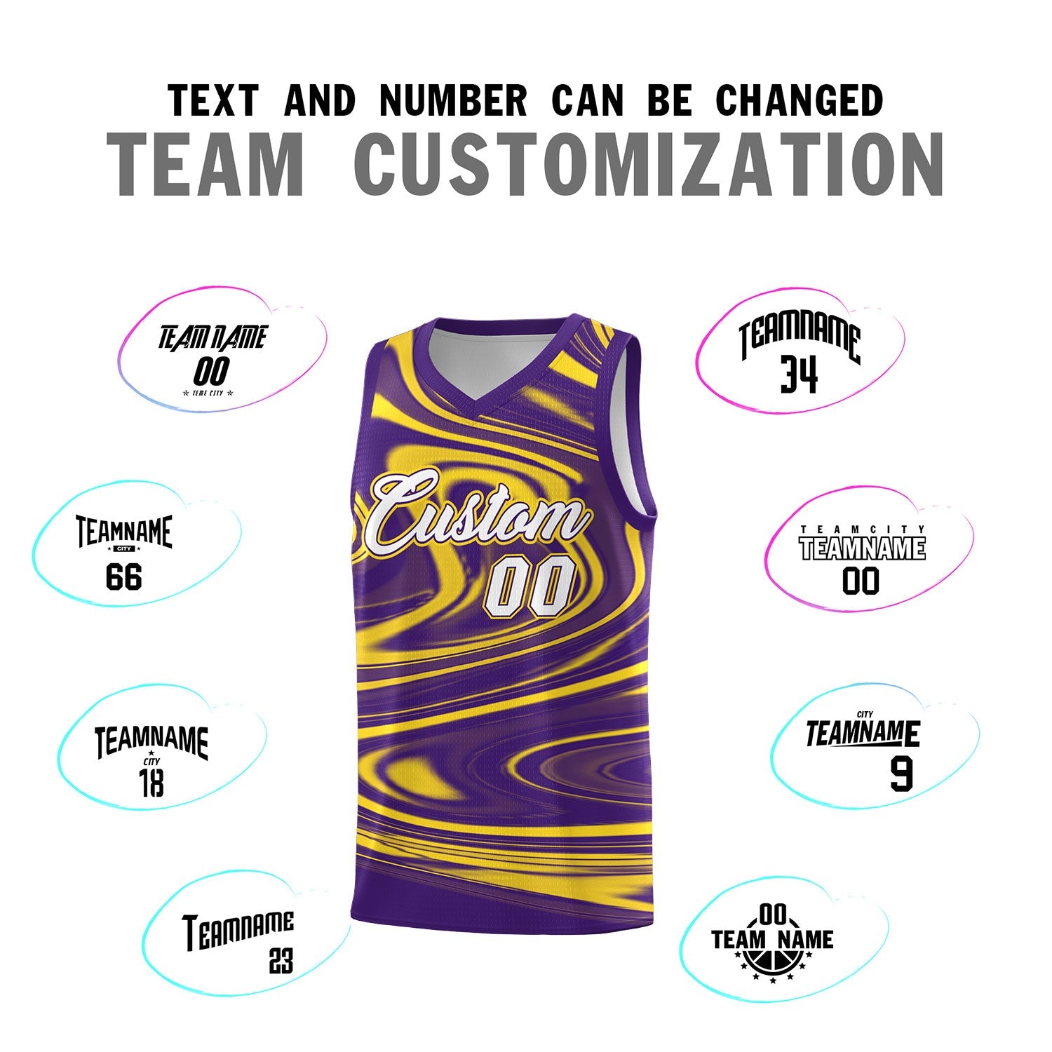 Custom Purple Gold Graffiti Pattern Fluids Style Sports Uniform Basketball Jersey Sets