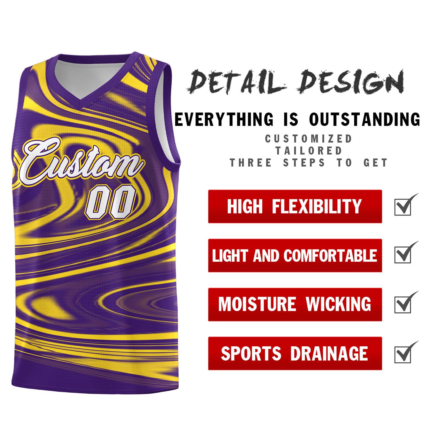 Custom Purple Gold Graffiti Pattern Fluids Style Sports Uniform Basketball Jersey Sets