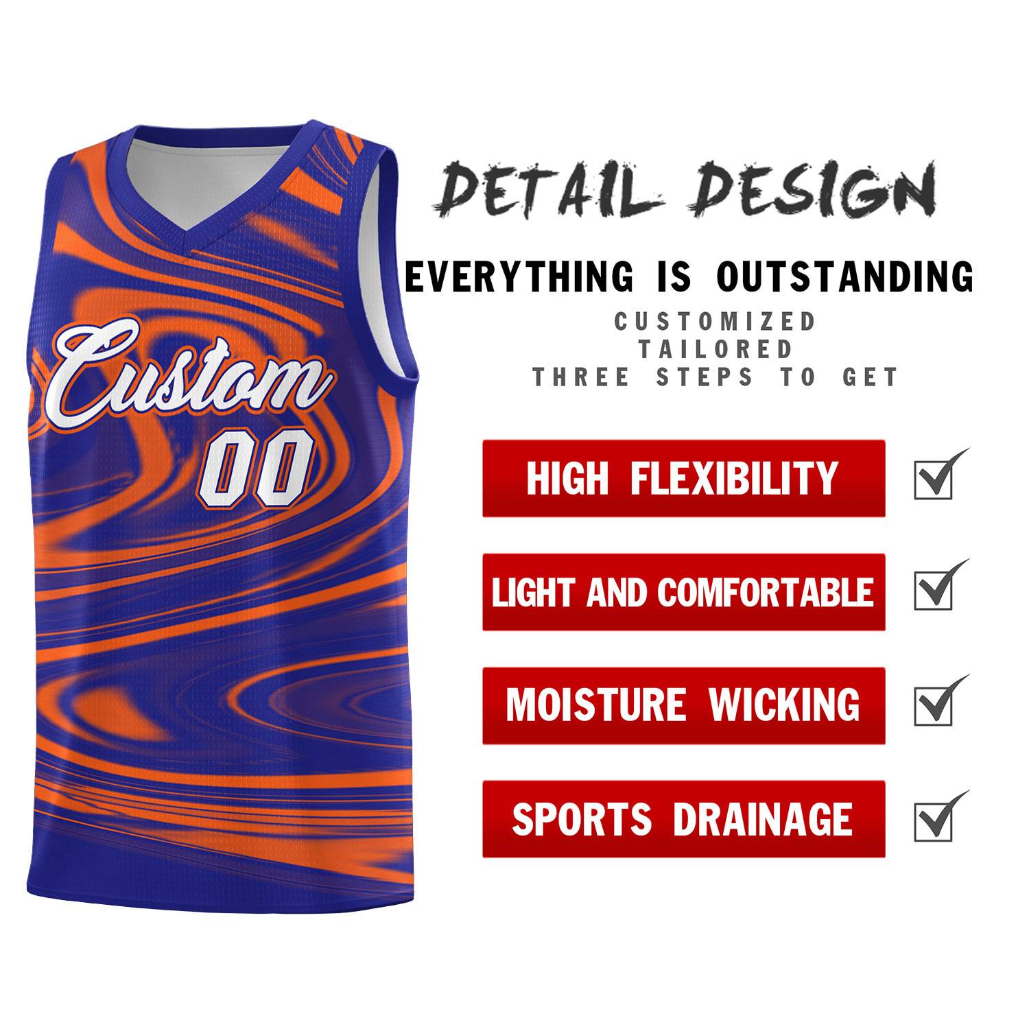 Custom Royal Orange Graffiti Pattern Fluids Style Sports Uniform Basketball Jersey Sets