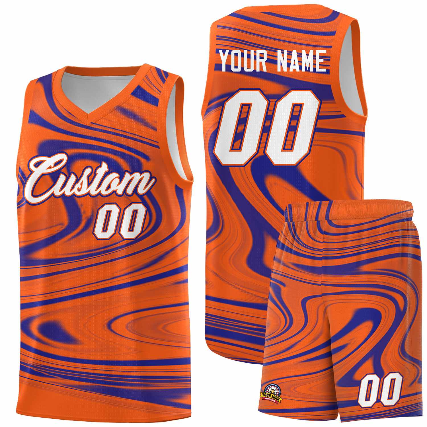 Custom Orange Royal Graffiti Pattern Fluids Style Sports Uniform Basketball Jersey Sets