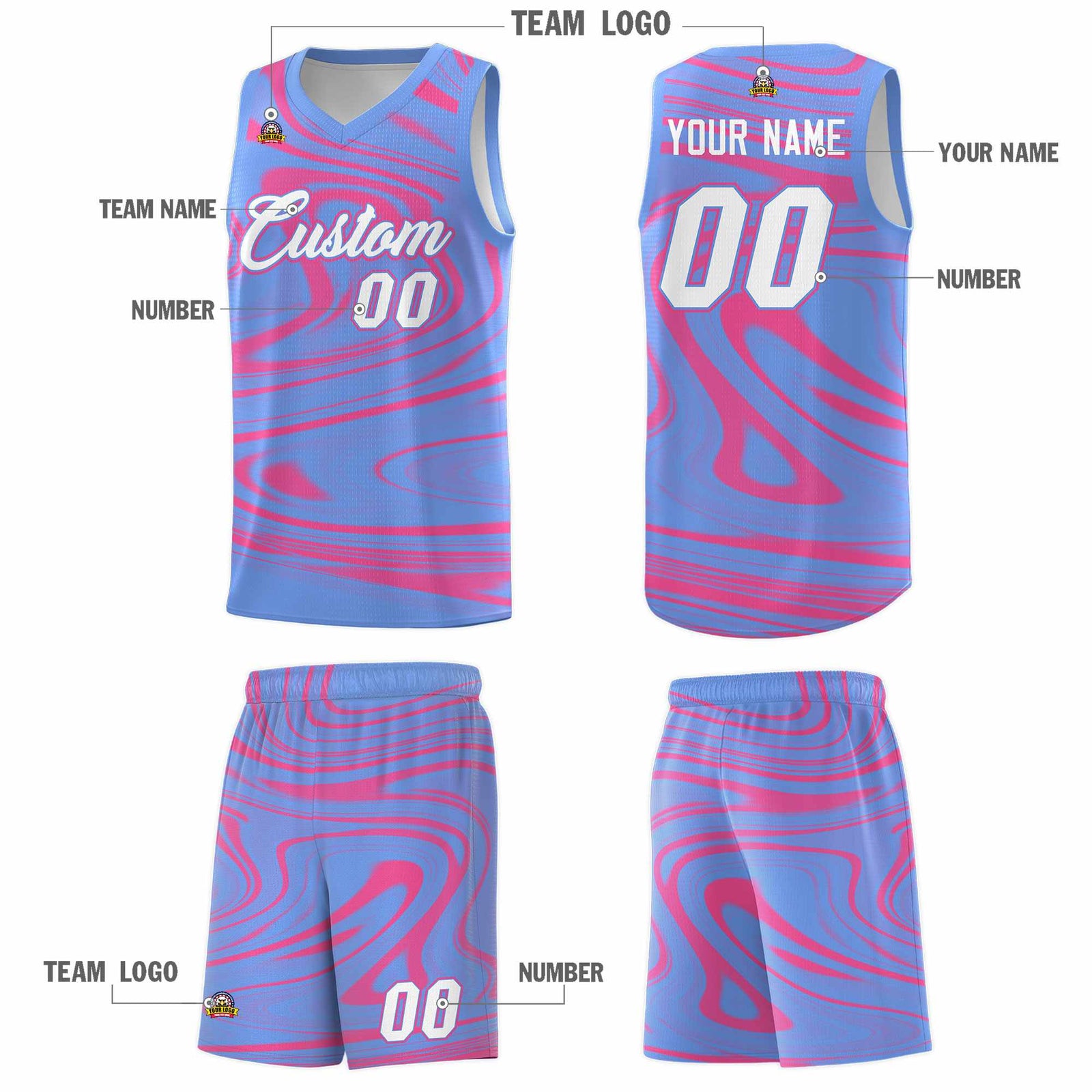 Custom Light Blue Pink Graffiti Pattern Fluids Style Sports Uniform Basketball Jersey Sets