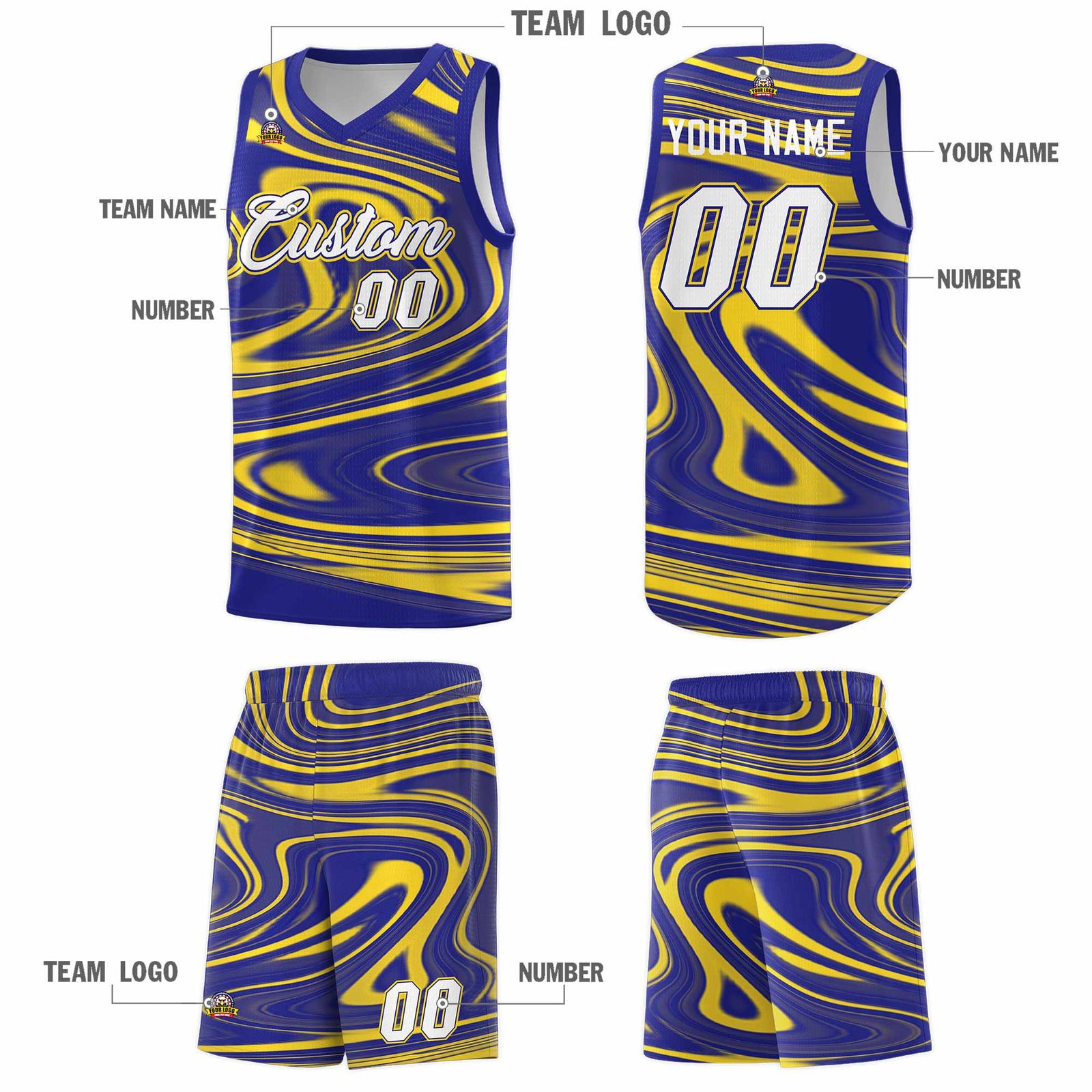 Custom Royal Gold Graffiti Pattern Fluids Style Sports Uniform Basketball Jersey Sets