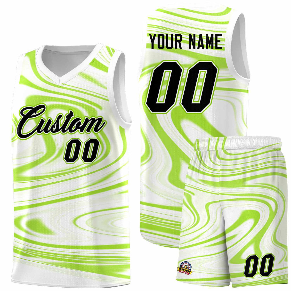 Custom White Light Green Graffiti Pattern Fluids Style Sports Uniform Basketball Jersey Sets