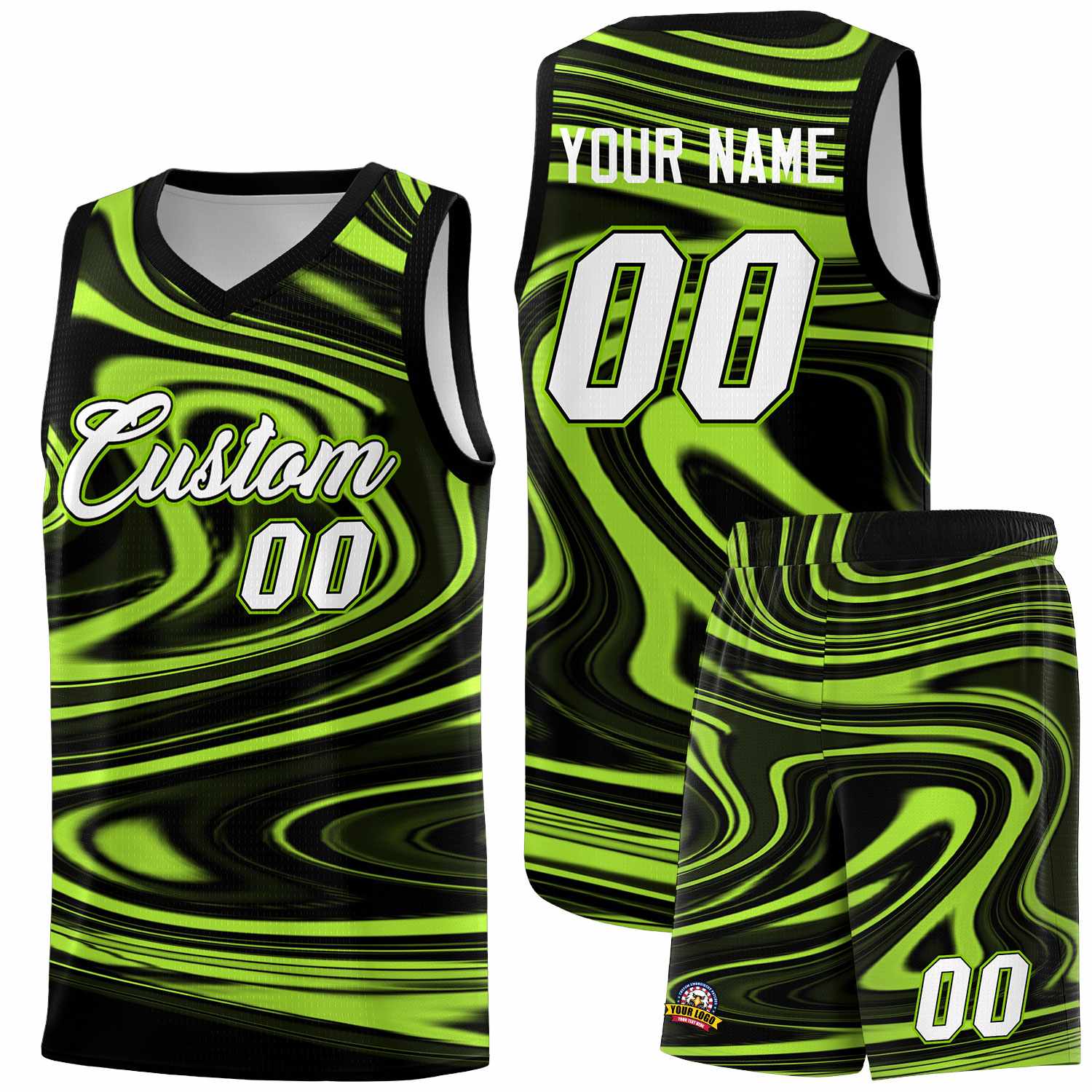 Custom Black Light Green Graffiti Pattern Fluids Style Sports Uniform Basketball Jersey Sets
