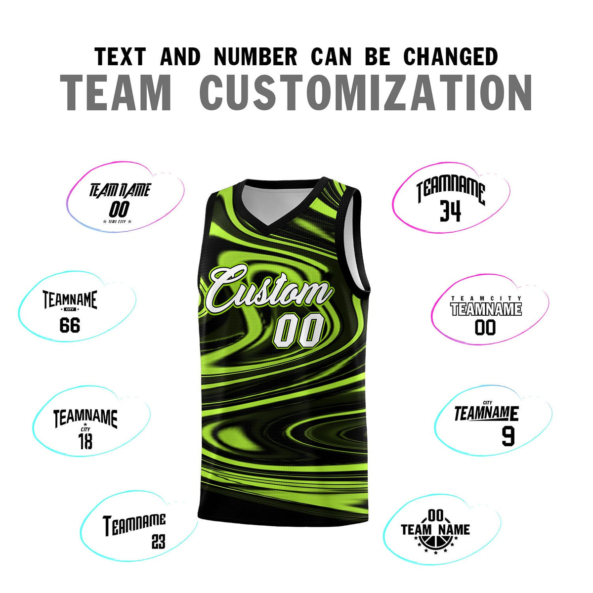 Custom Black Light Green Graffiti Pattern Fluids Style Sports Uniform Basketball Jersey Sets