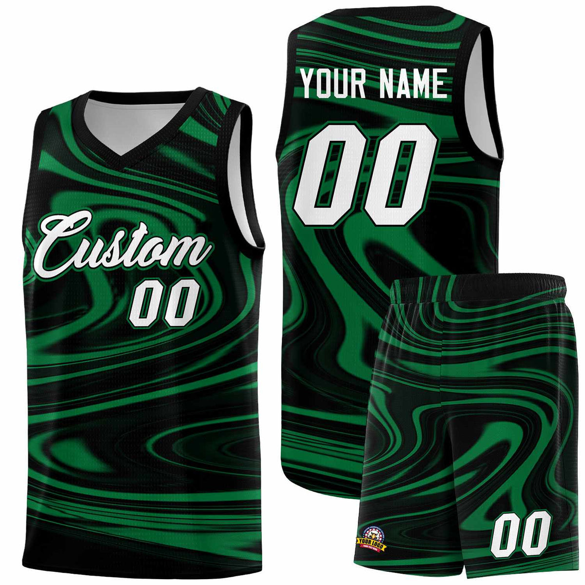 Custom Black Kelly Green Graffiti Pattern Fluids Style Sports Uniform Basketball Jersey Sets