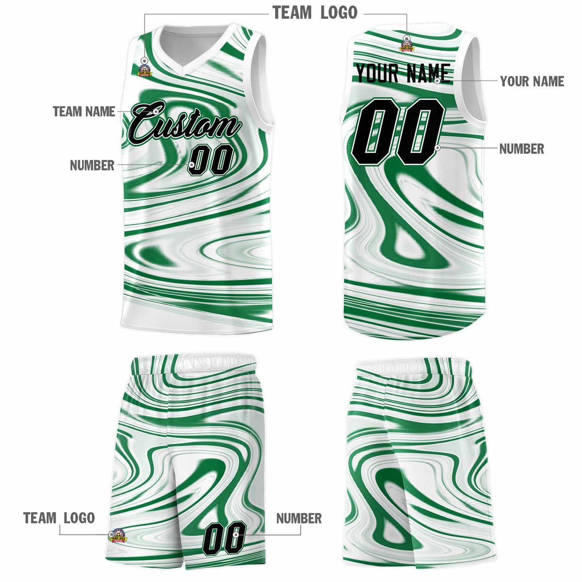Custom White Kelly Green Graffiti Pattern Fluids Style Sports Uniform Basketball Jersey Sets