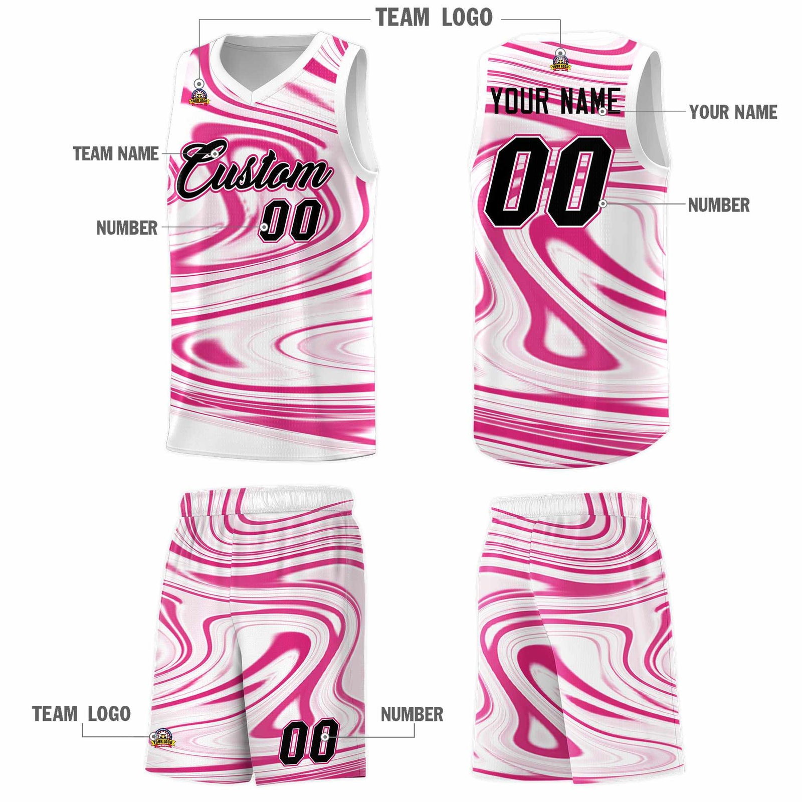 Custom White Pink Graffiti Pattern Fluids Style Sports Uniform Basketball Jersey Sets