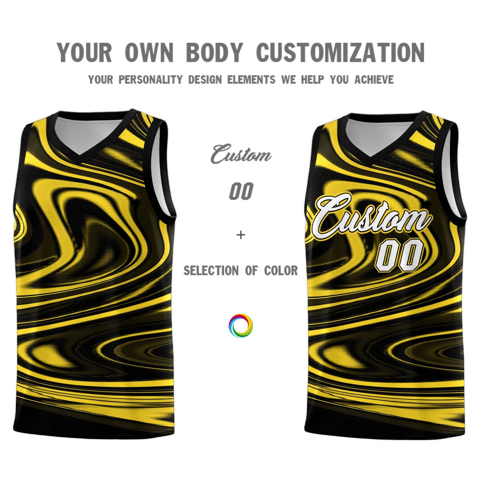 Custom Black Gold Graffiti Pattern Fluids Style Sports Uniform Basketball Jersey Sets