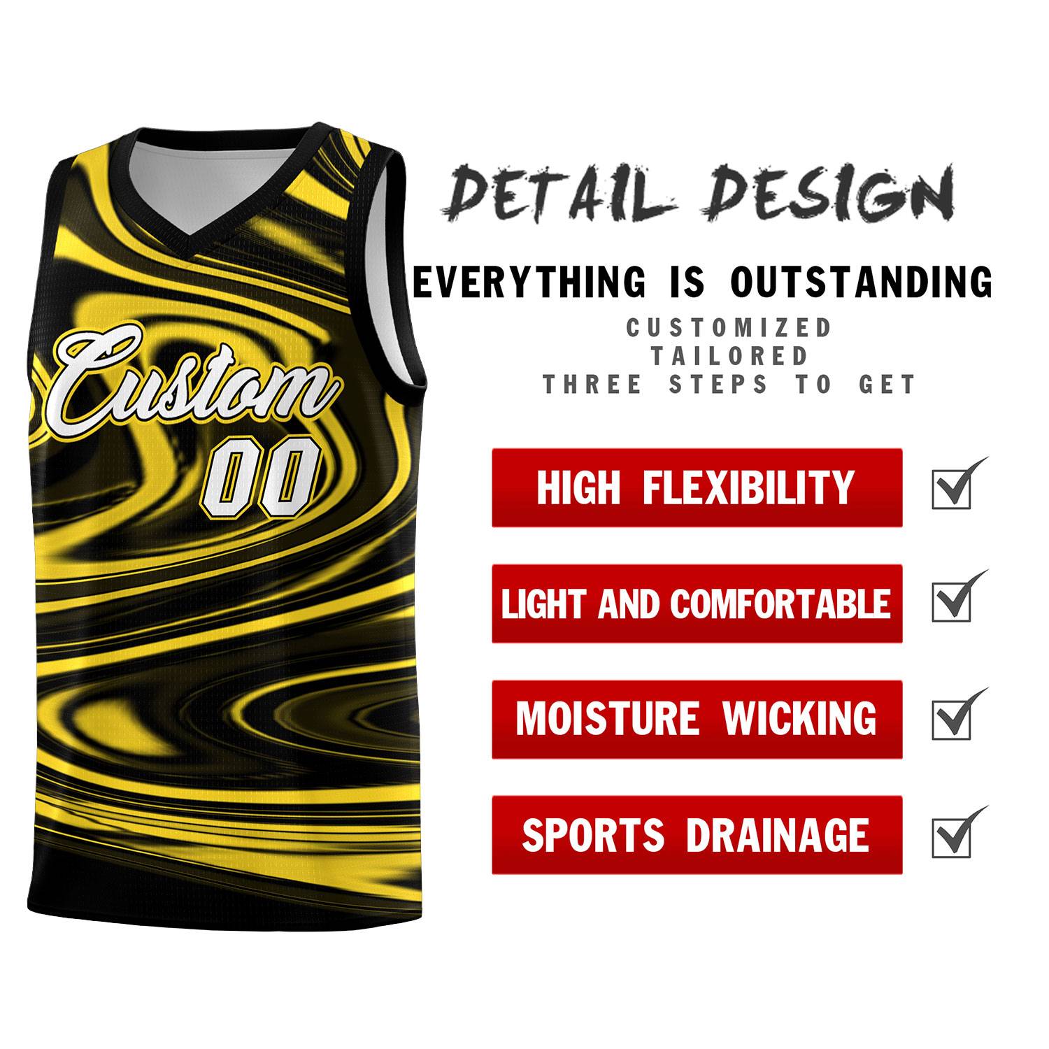 Custom Black Gold Graffiti Pattern Fluids Style Sports Uniform Basketball Jersey Sets