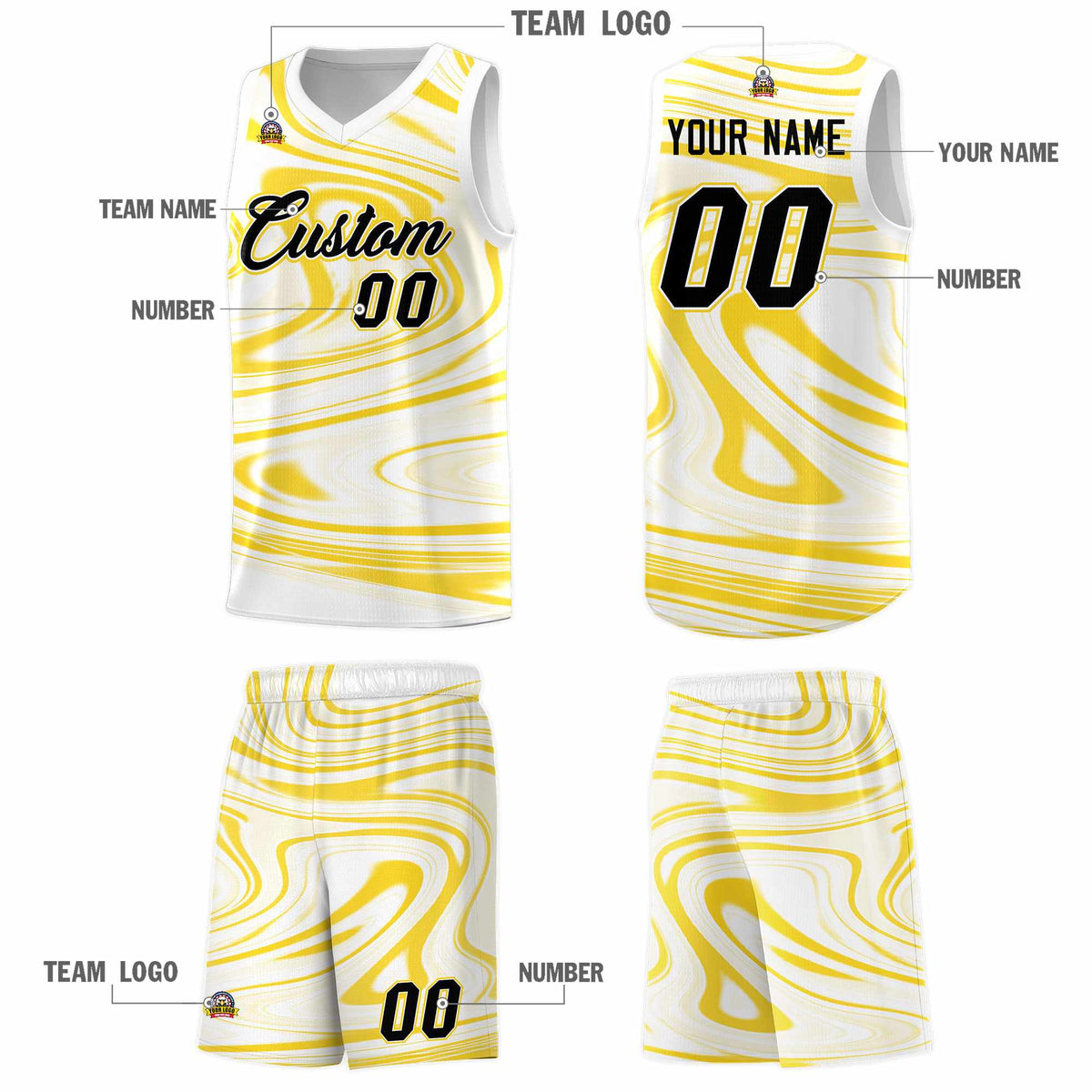 Custom White Gold Graffiti Pattern Fluids Style Sports Uniform Basketball Jersey Sets